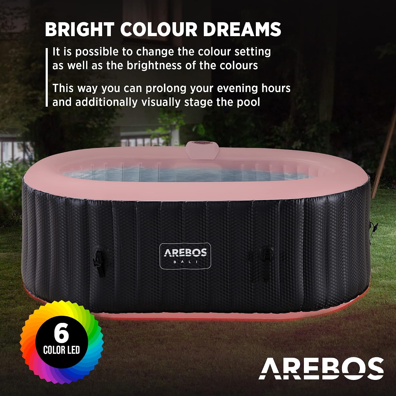 Arebos Whirlpool mit LED Beleuchtung | Aufblasbar | In- & Outdoor | 190x120 cm oval | 2 Personen | 90 Massagedüsen | mit Heizung | 550 Liter | Inkl. Abdeckung | Bubble Spa & Wellness Massage