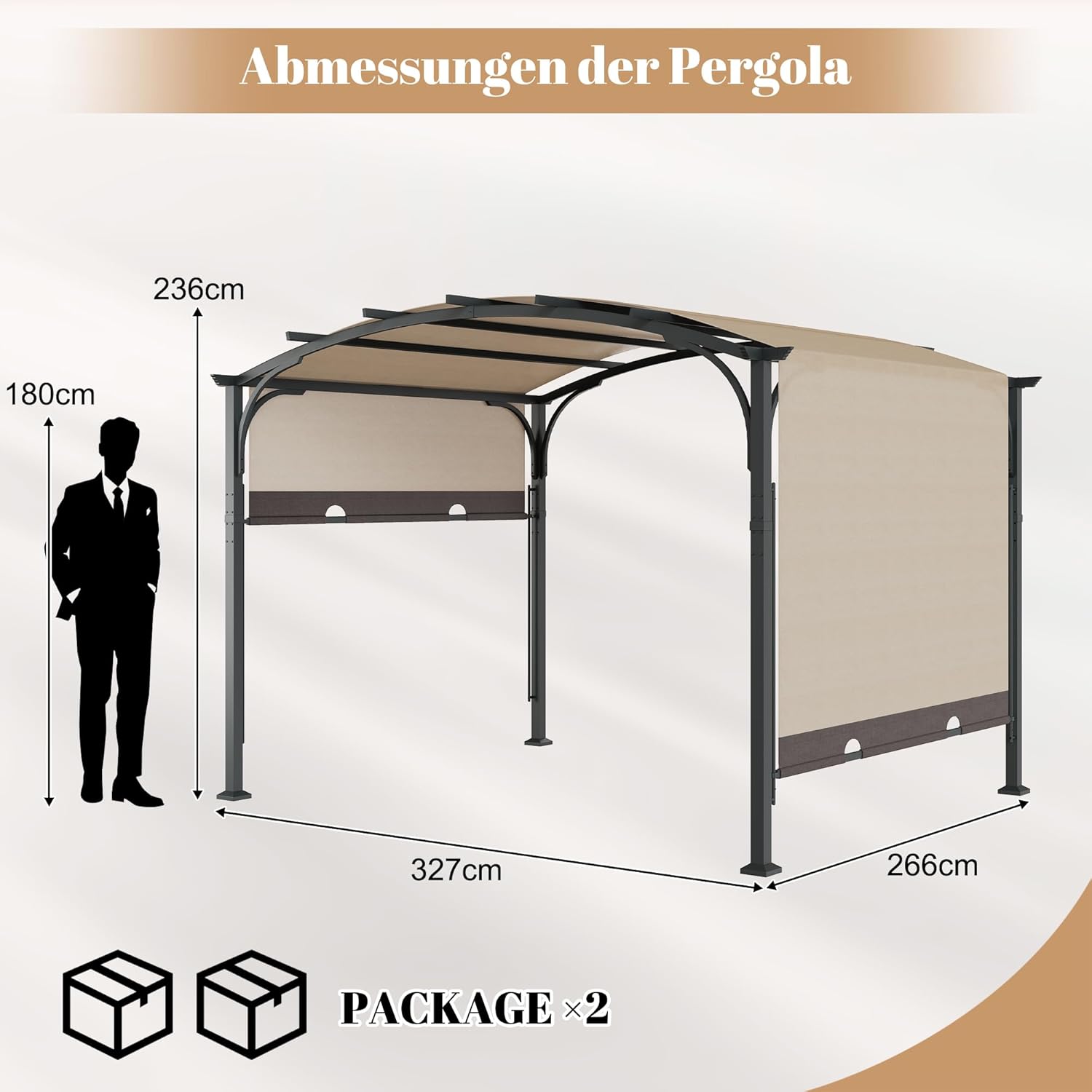 Pergola mit Schiebedach, 3,3 × 2,7 m Wasserdichtes Gartenpavillon mit Metallpfosten, Gebogenem Dach für Terrasse, Garten oder Deck, UV-Schutz, Beige