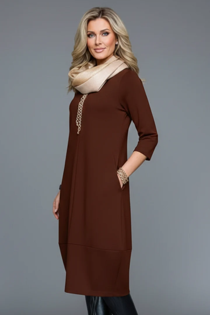 Midikleid Damen mit Taschen | A-Linie Kleid mit Rundhals und 3/4 Arm | Bequemes Freizeitkleid mit strukturierter Oberfl?che