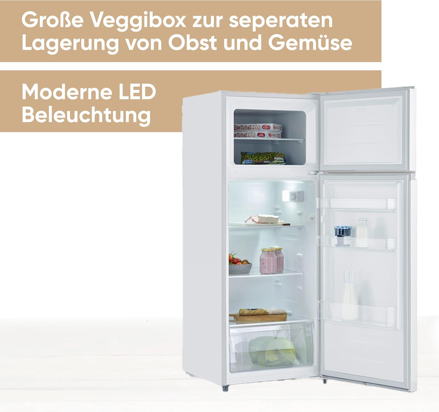 SEVERIN Doppeltür-Kühl-/Gefrierschrank, 2 x höhenverstellbare Abstellflächen, große Veggiebox, extrem leise - 40 dB, 206 L Nutzinhalt, weiß, DT 8760