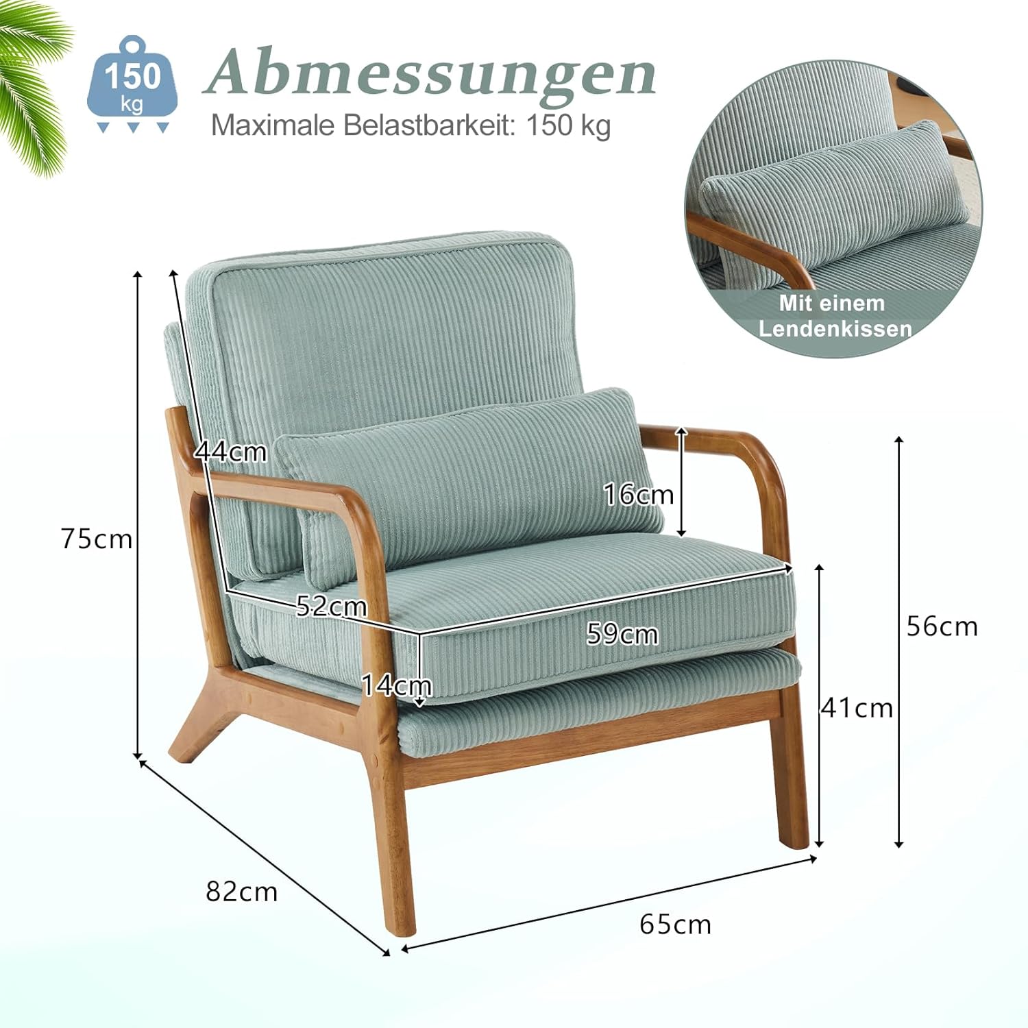 Bonnlo Sessel Gepolsterter Cocktailsessel, Moderner loungesessel, Ohrensessel für Wohnzimmer, Polsterstuhl mit Massivholz, Lesesessel, bis 200 kg belastbar, Cord-Stoff (Blau)