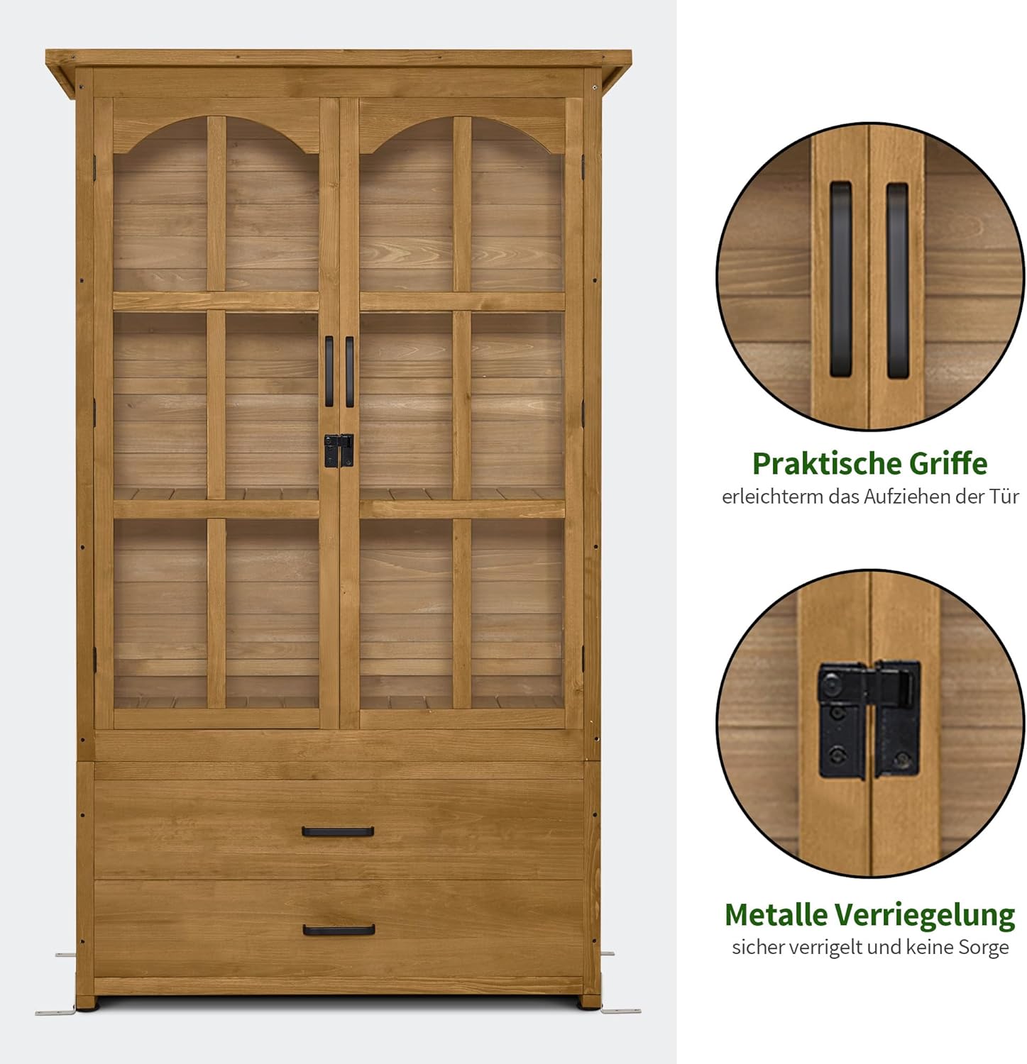 M MCombo Gartenschrank Gartenhaus Holz Wetterfest, Geräteschrank Gerätehaus Outdoor, für Außenbereich Balkon Terrasse, Gartenhütte mit 2 Bewegliche Regale, 58×107×180 cm, 1155 (Natur)