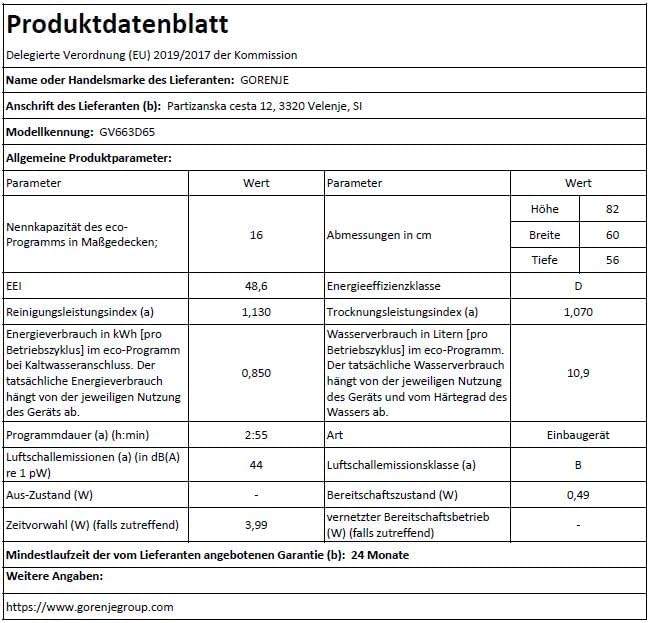 Gorenje GV663A66 Geschirrspüler/Einbaugerät FRONT NICHT ENTHALTEN/Made in EU/60 breite/16 Maßgedecke/8 Programme/TotalDry/Nachtprogramm/Status LED Licht/EEK: A-10%/Einbaumaße (HxBxT): 82 x 60 x 55,5cm