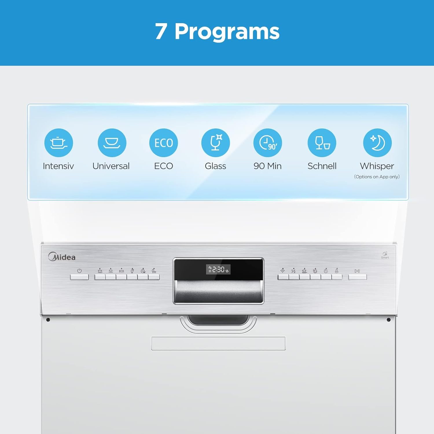 Midea Geschirrspüler Unterbau MDWEU1435XSS-W, 14 Maßgedecke, Spülmaschine 60 cm Teilintegrierbar mit WIFI, Extra Trocknung, 7 Programme, 47dB, 0-24h Startzeitverzögerung, Inox