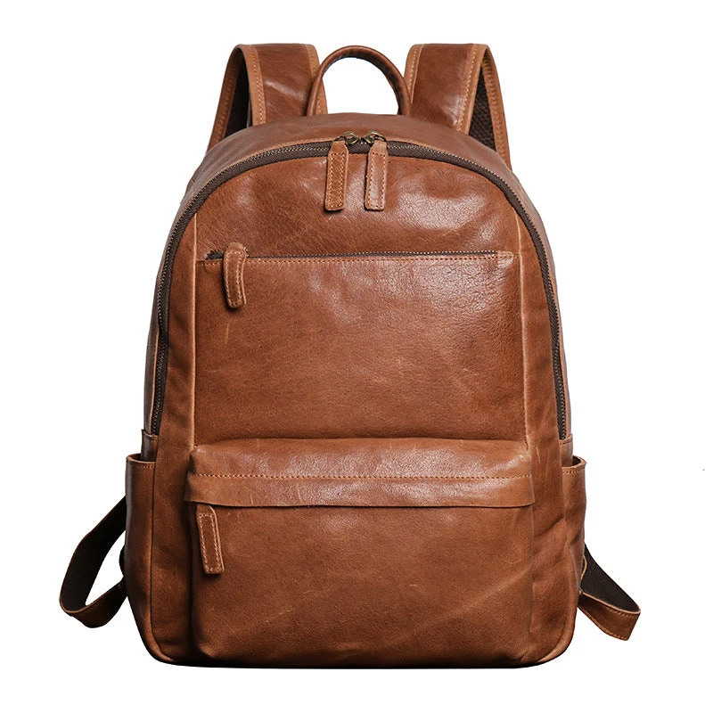 Top Grain Zipper Leather School Backpack Rucksack