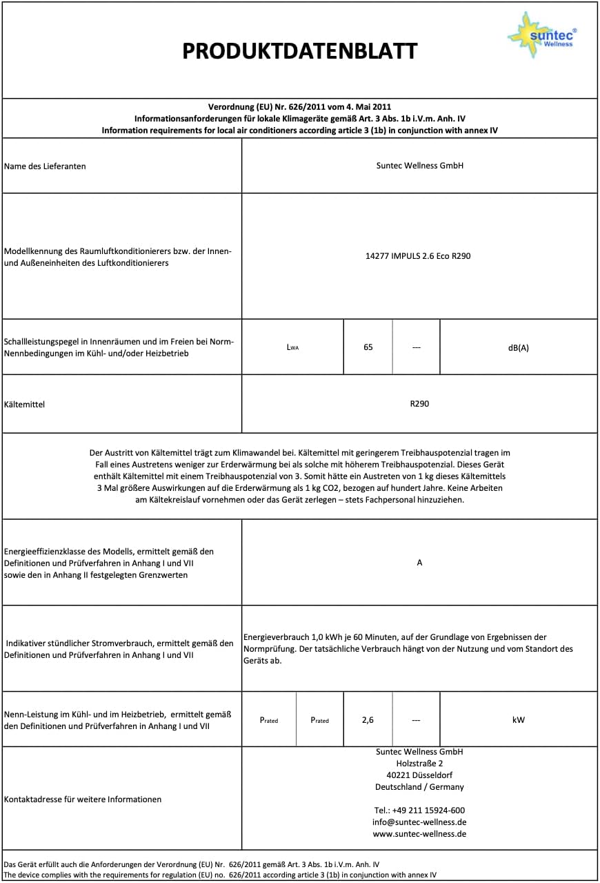 SUNTEC Mobiles Klimagerät Impuls 2.6 Eco R290 – Klimaanlage mobil und leise mit Abluftschlauch – Kühler & Entfeuchter für Räume bis 34 qm – Mobile Kühlung für Wohnung & Büro – 9.000 BTU | 2600 Watt