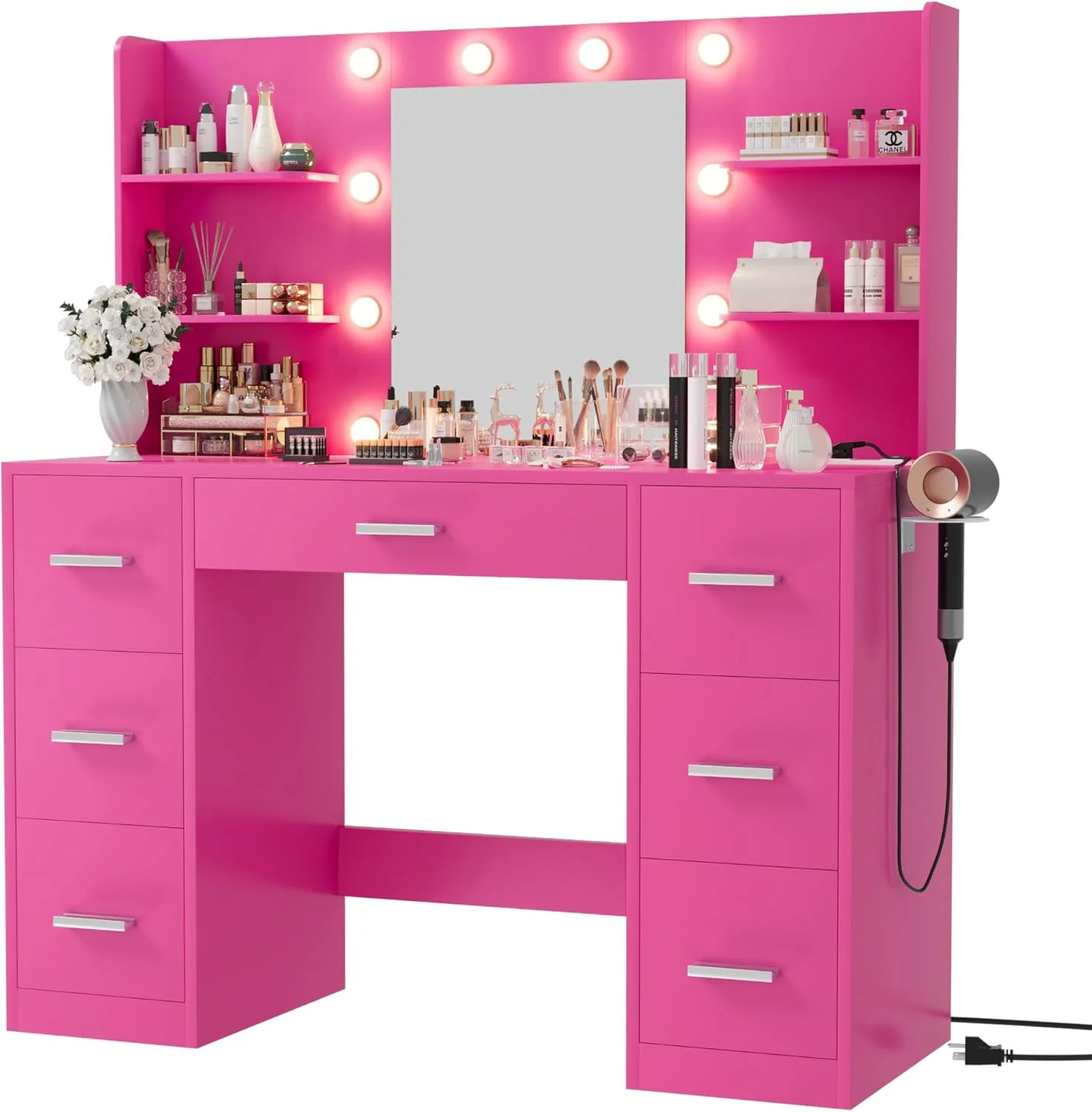 Furmax Vanity Desk with Mirror. LED Lights and Power Outlet Makeup Vanity Table