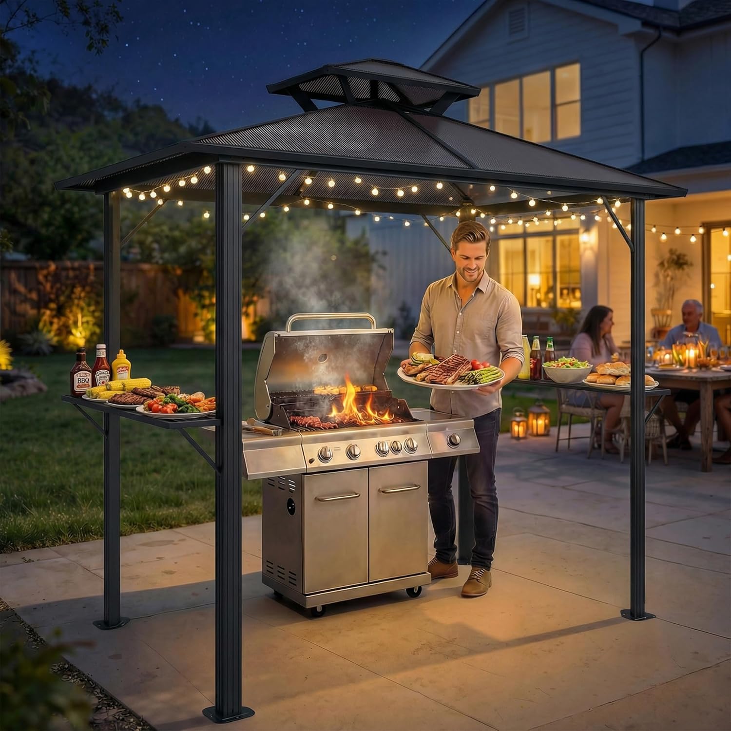 Outsunny Grillpavillon 2,5 x 1,5 m, Wasserdicht Grillüberdachung mit Doppeldach aus Polycarbonat Seitenregalen Aluminiumrahmen UV-Beständige Grill Pavillon Grillzelt für BBQ Garten Party Braun