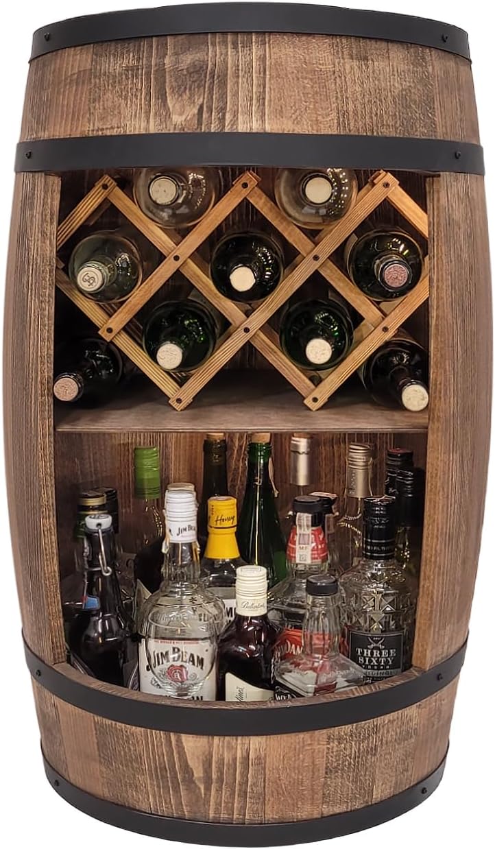 weeco Fassbar mit LED Beleuchtung und Weinhalter. Weinregal - Holzfass Hausbar 80cm. Rustikaler deko Barschrank Weinständer – Fass. Fassbier, Wein Flaschenständer - Bar Whisky Geschenk (Dunkelbraun)
