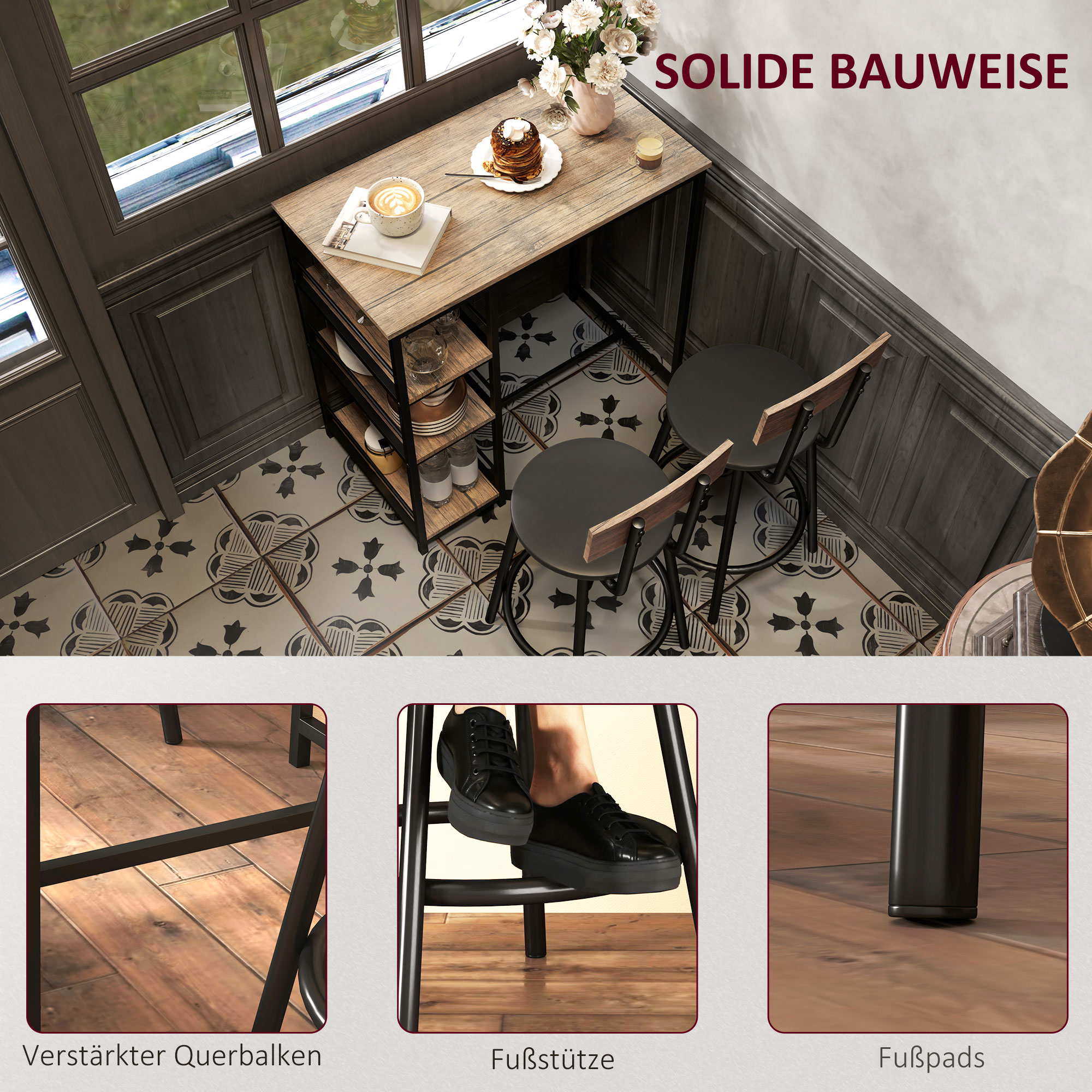 3-delige Eetset met Bartafel en 2 Stoelen, Klein Keukenset met Zijplanken, MDF, Metaal, Zwart