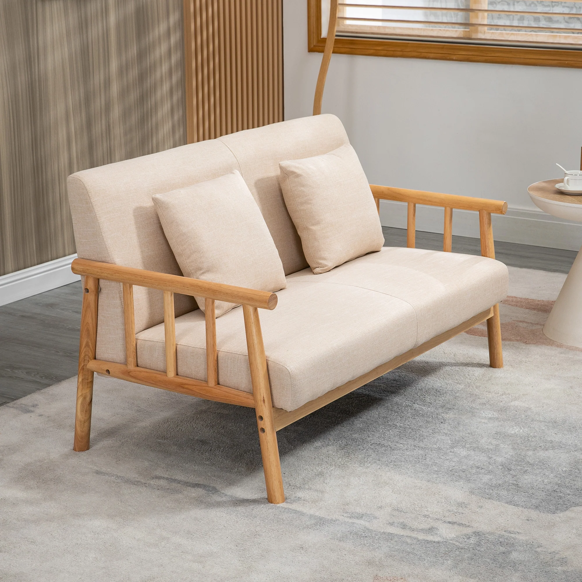 HOMCOM 2-Zitsbank, Stoffen Bekleding in Linnenlook, Compact, Tot 200 kg, Houten Frame, 123L x 69B x 74H cm, Beige
