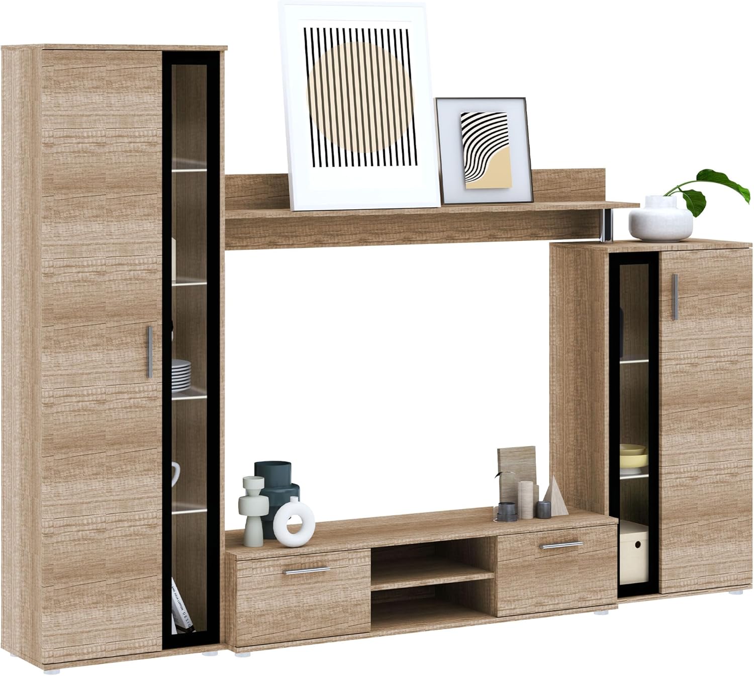 Mirjan24 Wohnwand Bentley, Praktische Anbauwand, Schrankwand, Mediawand, mit viel Stauraum, Top-Qualität (Country Oak Grey/Schwarz, mit LED Beleuchtung)