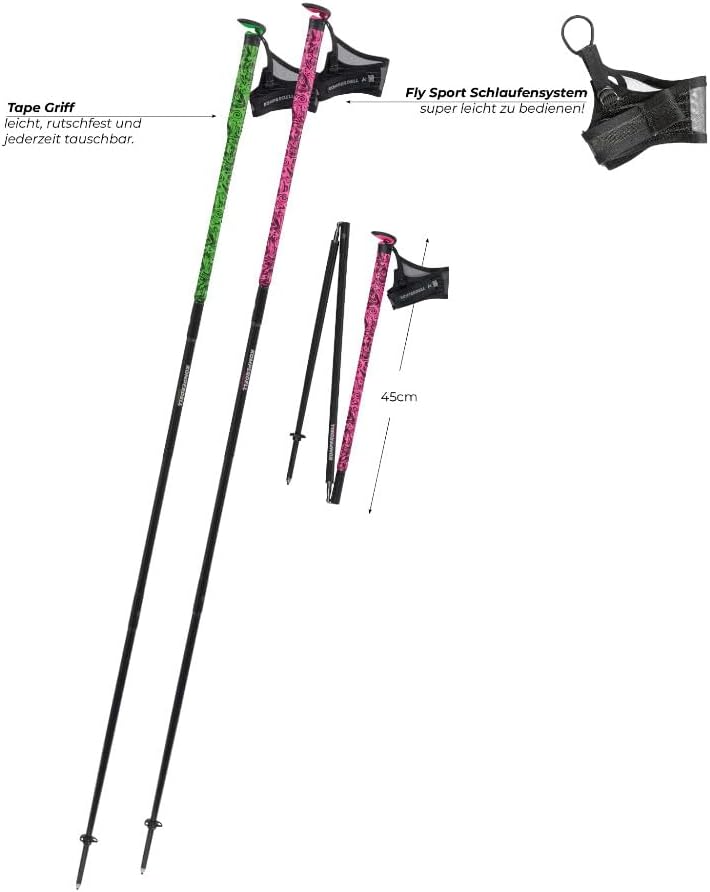 KomperFXP Carbon Ultra Wanderstock auf Packmass 45 cm faltbar Green- Pink Gr. 115 cm Ultraleichter Faltstock
