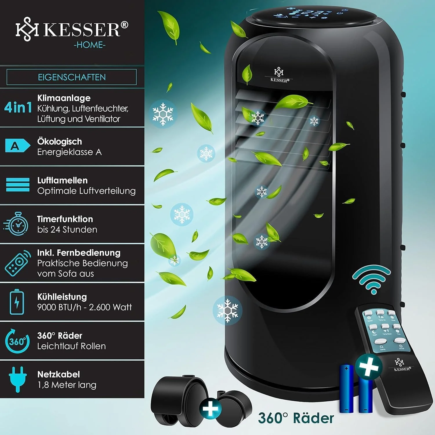 KESSER? Mobiele airconditioning Sky Tower 4-in-1 koelen, ontvochtigen, ventileren, ventilator - 9000 BTU/h (2.600 Watt) 2,7KW - Airco, afstandsbediening en timer, nachtmodus (EEK: D), Zwart