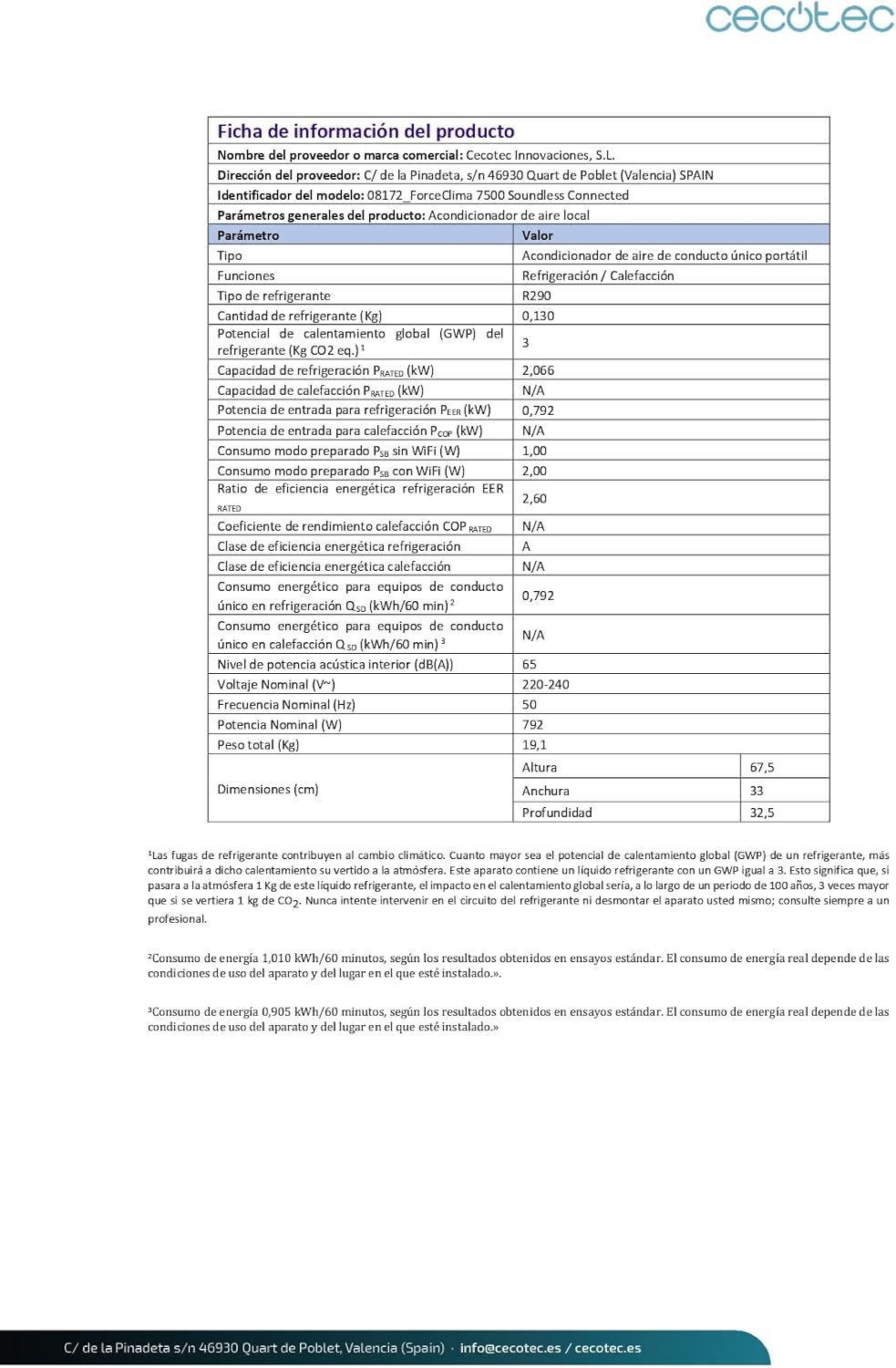 Cecotec Tragbare Klimaanlage mit Fernbedienung ForceClima 7100 Soundlos. 7000 BTU, Soundless Technology, LED -Bildschirm, 4 Modi, 2 Geschwindigkeiten, Abdeckung von bis zu 15 m2