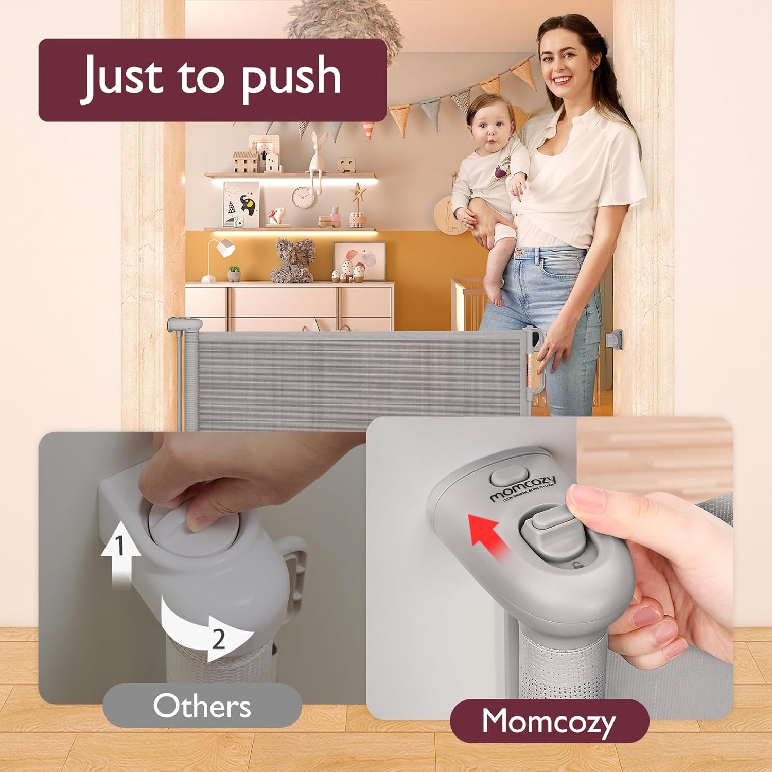 Momcozy Treppenschutzgitter Ausziehbare für Babys (Aktualisiert), 0-140 cm, 83 cm Hoch Baby Absperrgitter Treppenschutzrollo, Einhndig Bedienbar, Geeignet für Treppen/Türen/Innen & Auen, Grau
