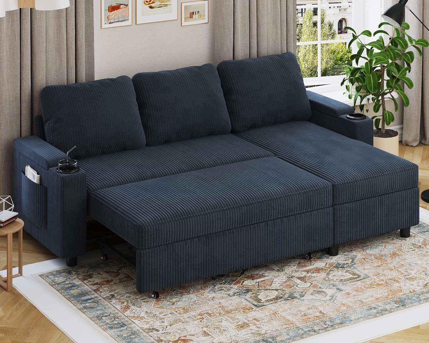 Devoko Ecksofa mit Schlaffunktion und Bettkasten L-Form Sofa 3-Sitzer Ausziehbares Schlafsofa Velours Couch Kleines Schlafcouch für Wohnung und Wohnzimmer, Blauschwarz