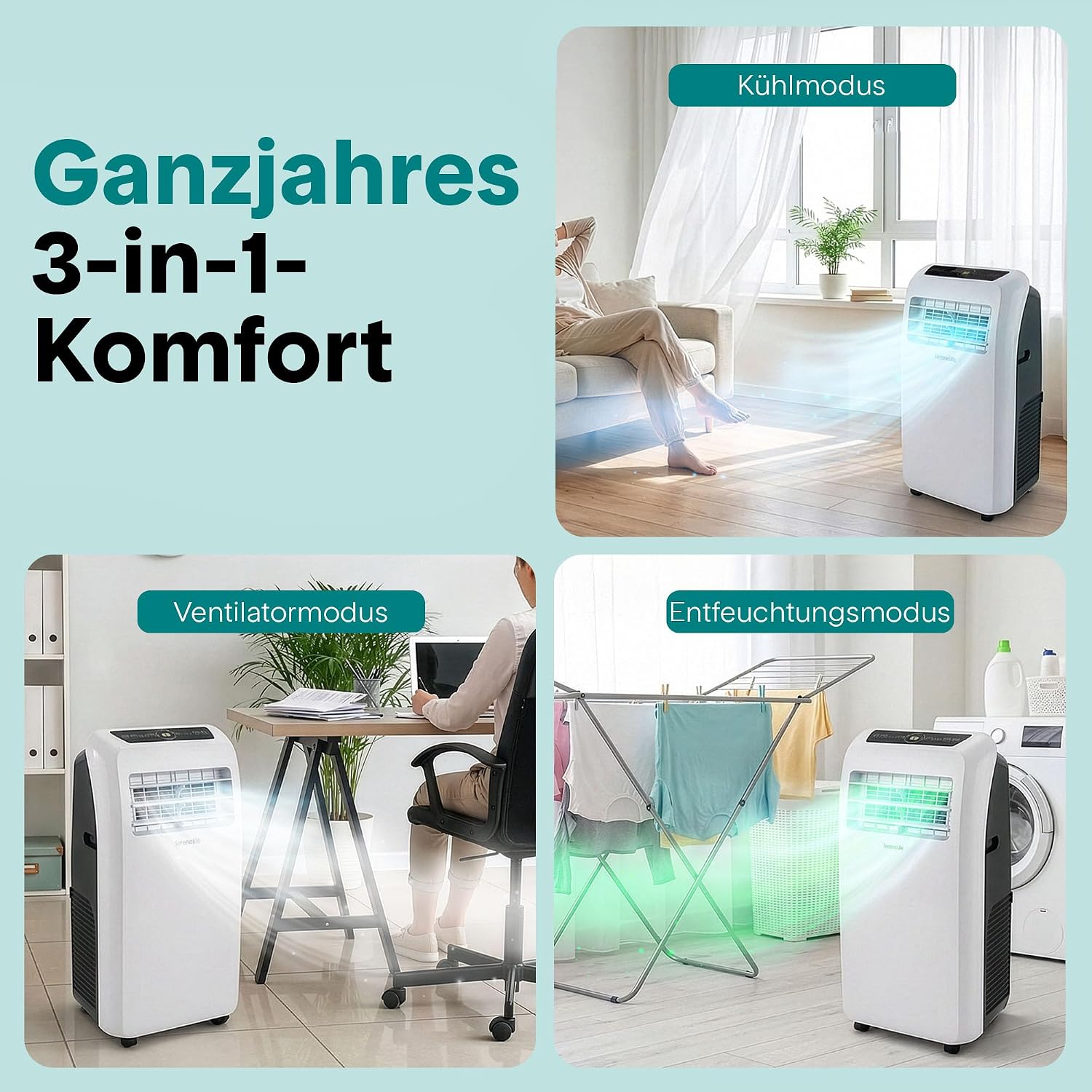 SereneLife Mobile Klimaanlage 3,5 kW 12000 BTU – 51 dB Leises Klimagerät für Schlafzimmer bis 37 m², Angenehme Kühlung an heißen Tagen, mit Entfeuchter, Lüfter & Fernbedienung
