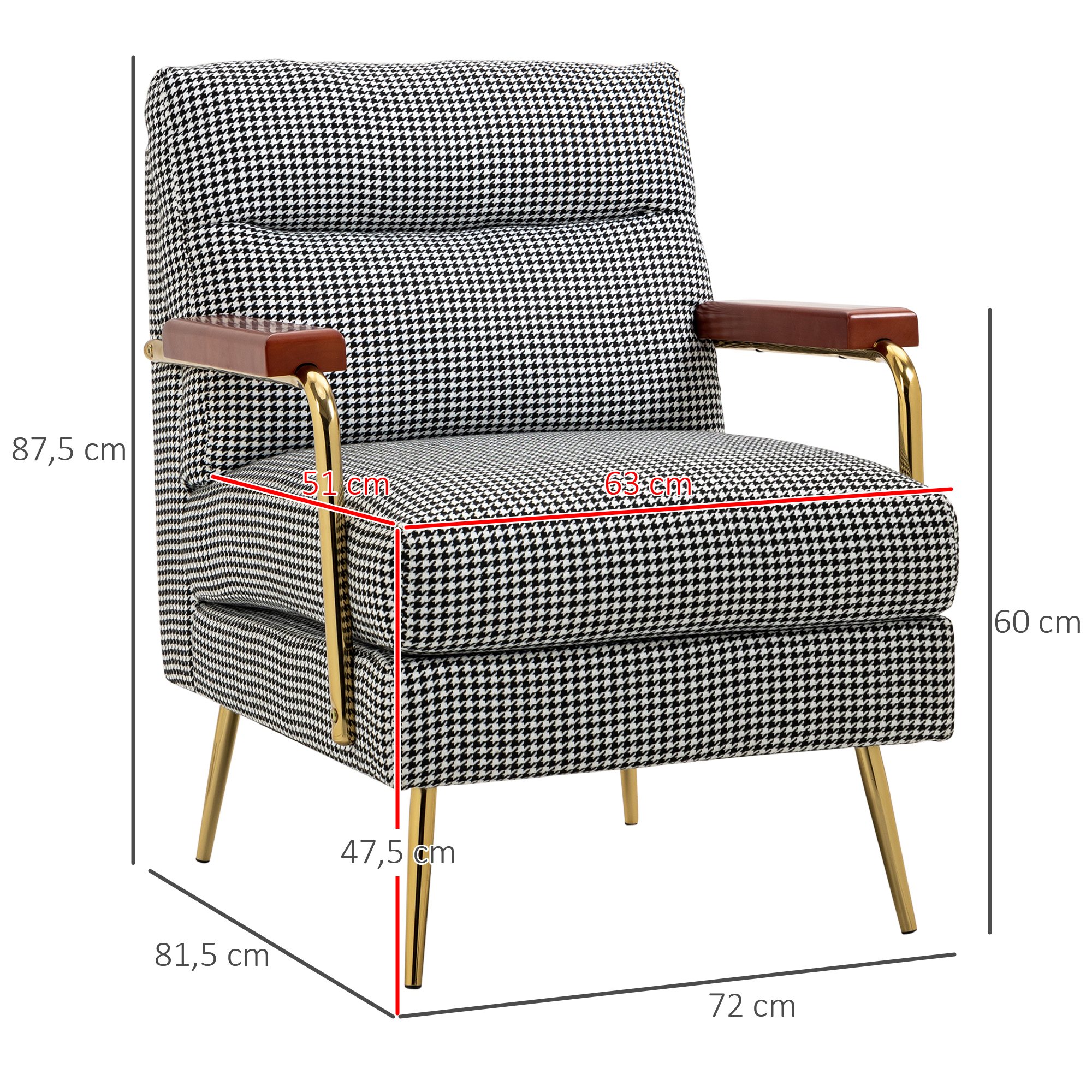 Fauteuil in retrodesign, accentstoel, pied-de-poulepatroon, houten elementen, binnenvering, zwart+wit