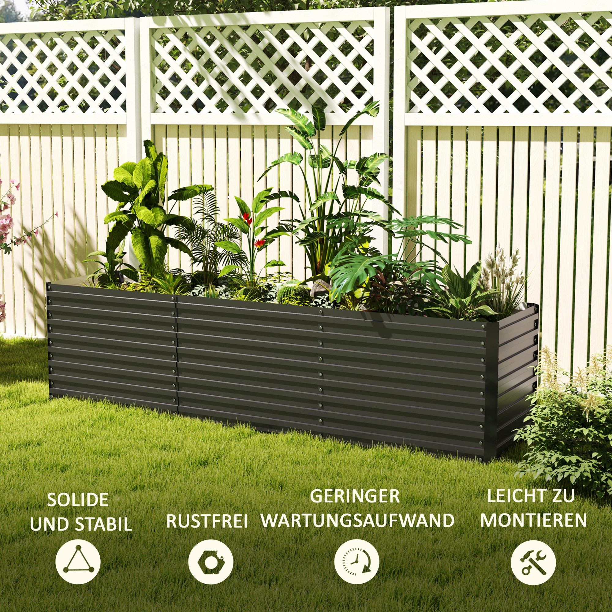 Verhoogde Tuinbed, Open Bodem, Gepoedercoat Staal, 240 x 60 x 60 cm, Donkergrijs