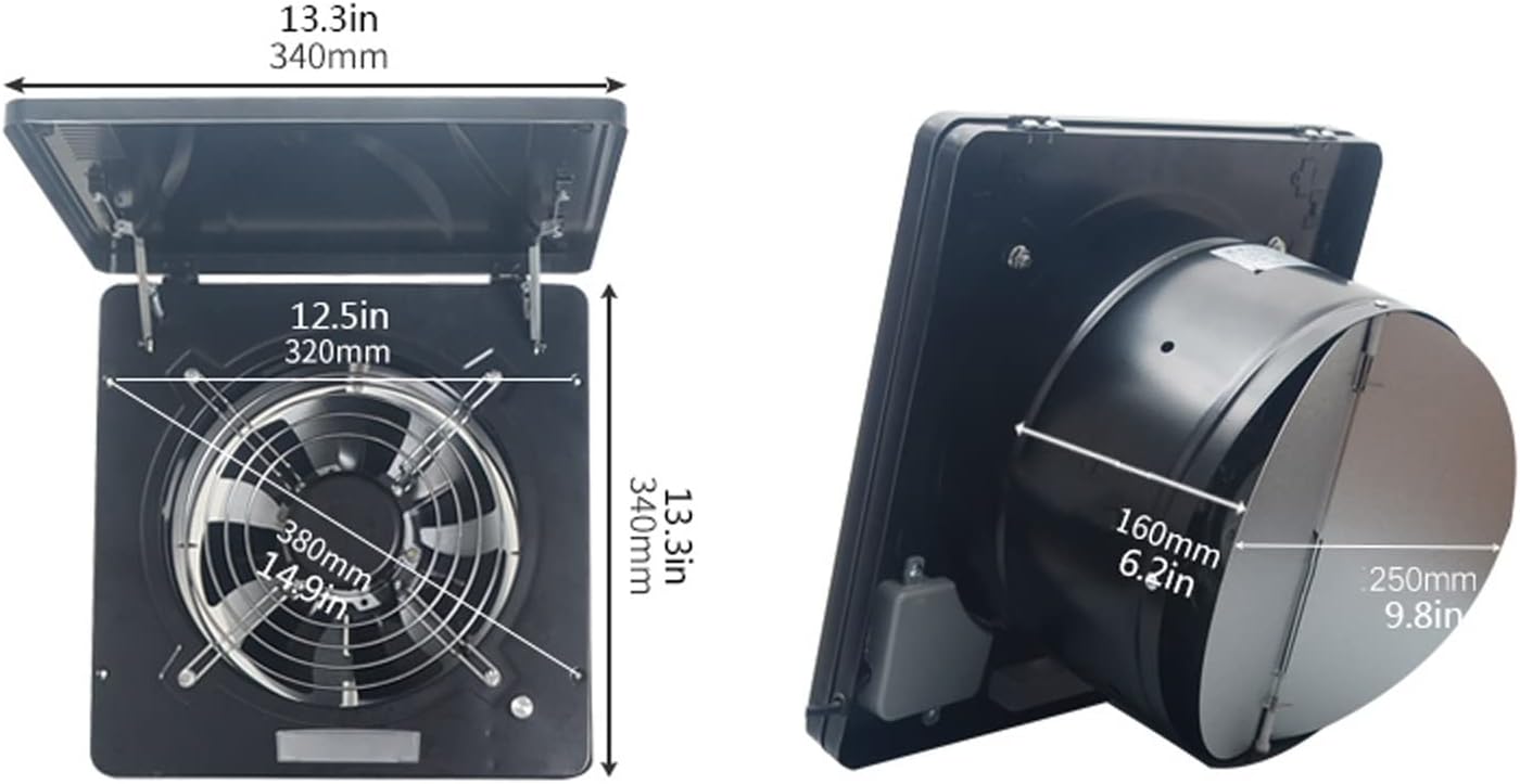 Badezimmer-Abluftventilator 25,4 cm Clamshell-Ventilator Haushalts-Küchen-Abluftventilator Hochleistungs-Dunstabzugshaube mit Abdeckung, stufenlose Geschwindigkeitsregulierung, schwarz, 100 W, 1218 CF