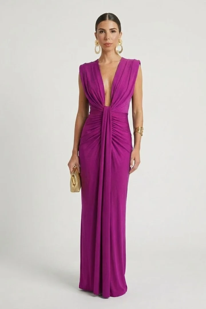 Damen Maxikleid mit V-Ausschnitt | ?rmelloses Abendkleid bodenlang mit vertikaler Plissierung f��r festliche Anl?sse