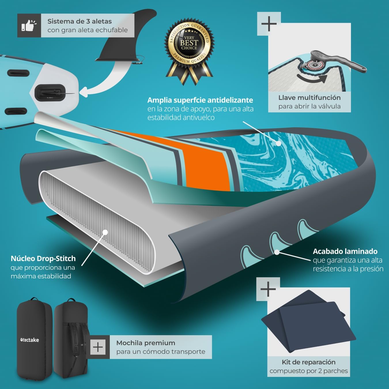tectake® Tabla de Paddle Surf Hinchable, Incluye Remo 2 en 1, Asiento de Kayak, Bomba de Aire, Mochila de Transporte, Stand Up Paddle, Accesorios Paddle Surf, Tabla Hinchable