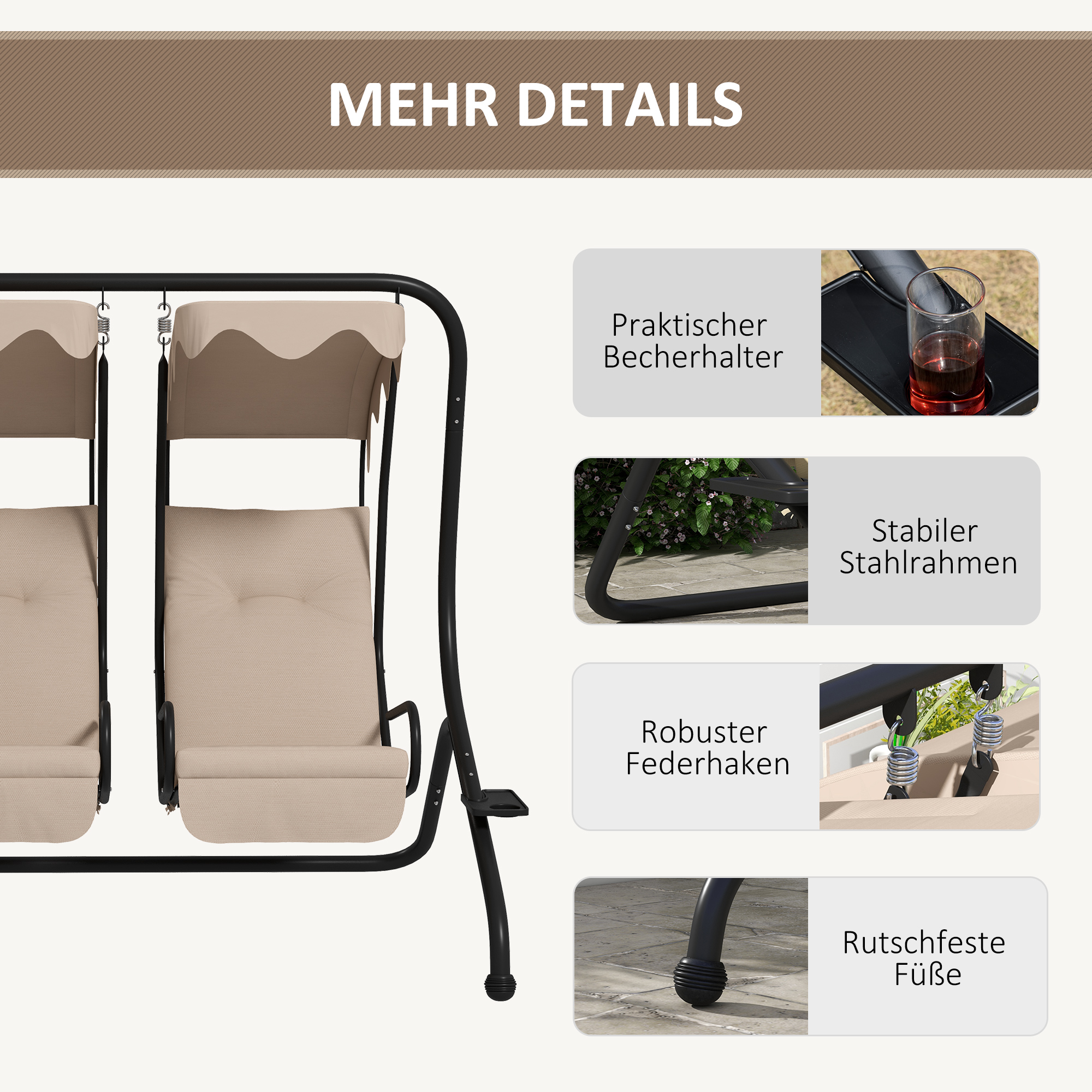 Tuinschommel Hollywoodschommel, weerbestendig, 2 gescheiden zitplaatsen, 2 bekerhouders, 170 cm x 136 cm x 170 cm, Beige