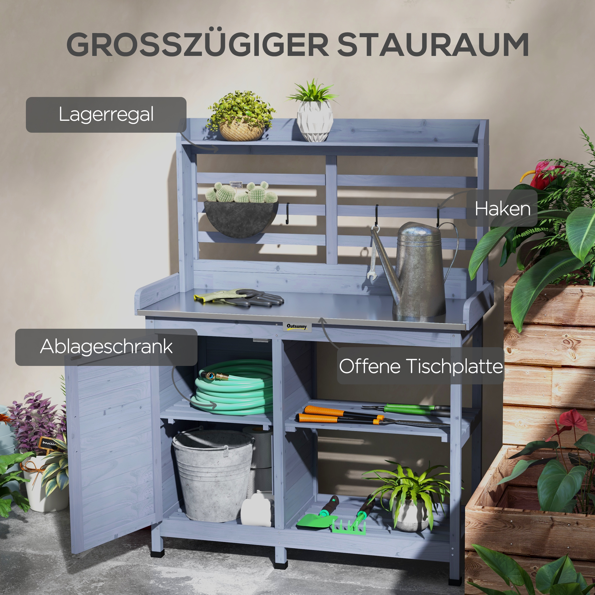 Outsunny Tuinset met opbergkast, aluminium werkblad, opbergruimte, 112x47x146cm, Grijs