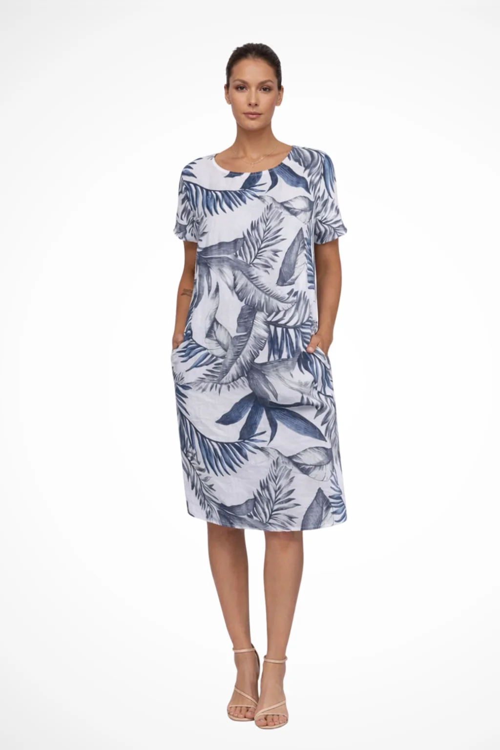 Damen Sommerkleid mit botanischem Print | ?rmelloses Freizeitkleid im Relaxed Fit mit praktischen Seitentaschen | Leichtes,