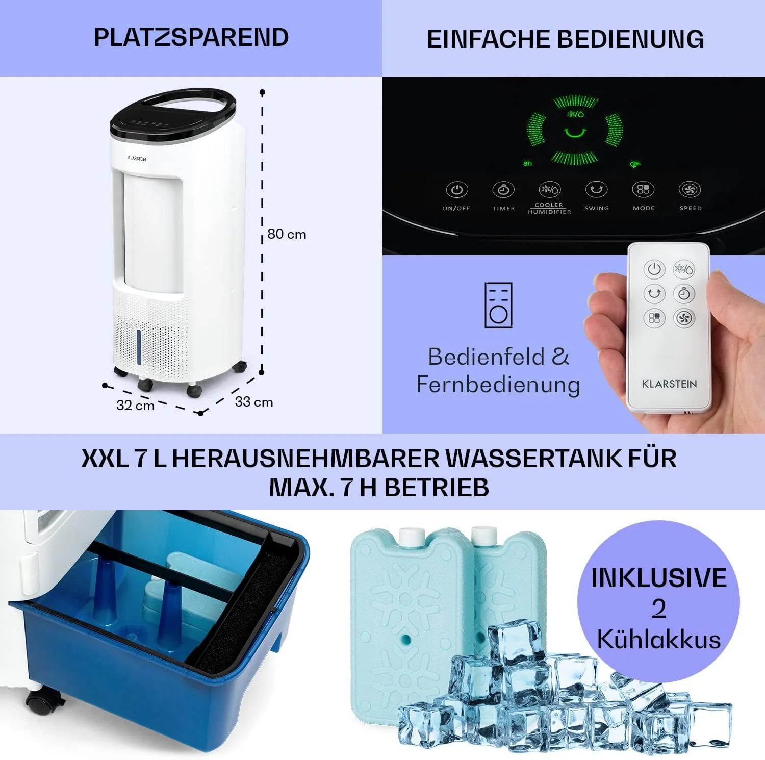 Klarstein Luftk��hler mit Wasserk��hlung, Leiser 4-in-1 Verdunstungsk��hler, Luftbefeuchter, Ventilator & Nachtmodus, Mobile Klimager?te Luftk��hler 7L, 65W Air Cooler, 330m3/h K��hlender Luftstrom