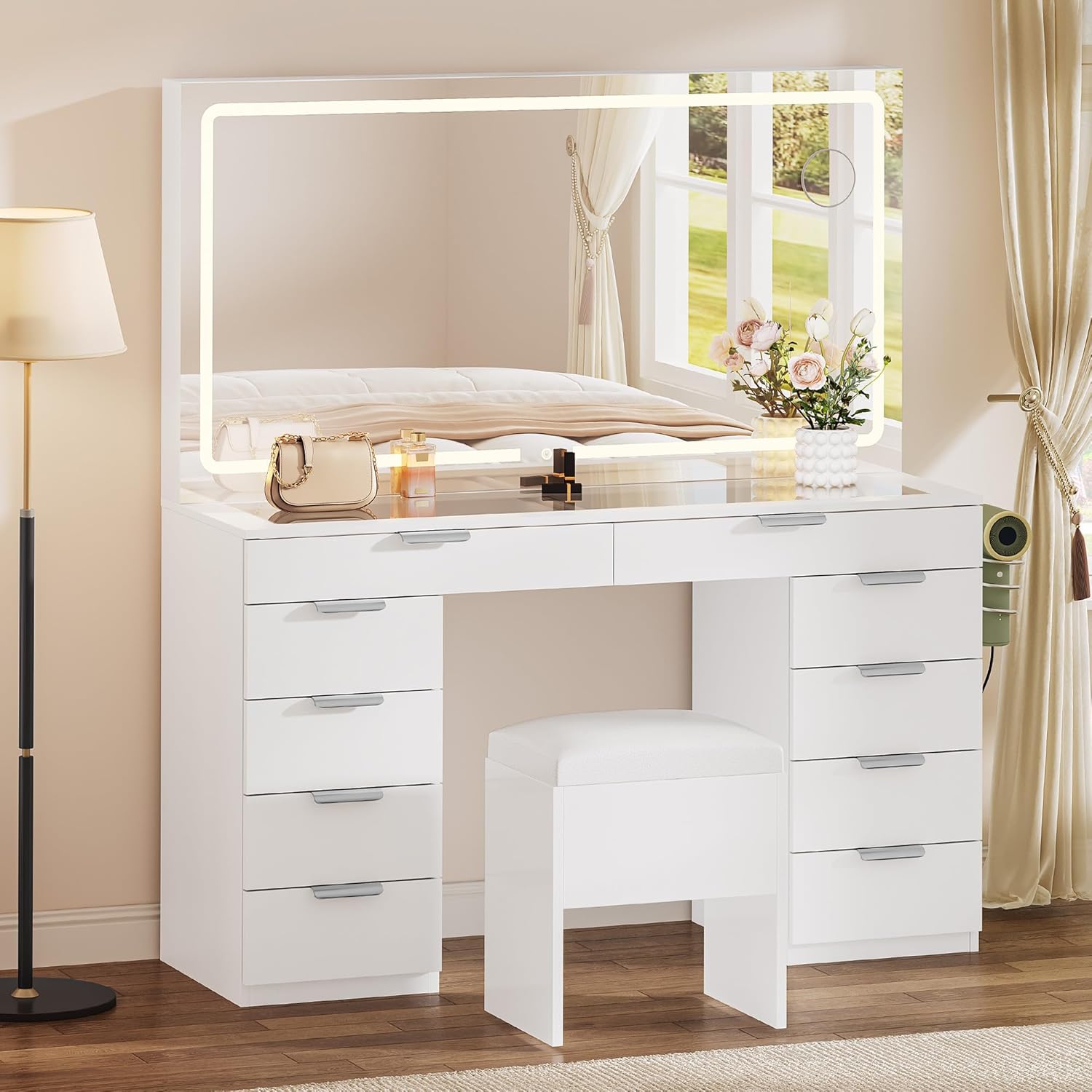 YITAHOME Vanity Set with LED Mirror, 10 Drawers, Stool Included