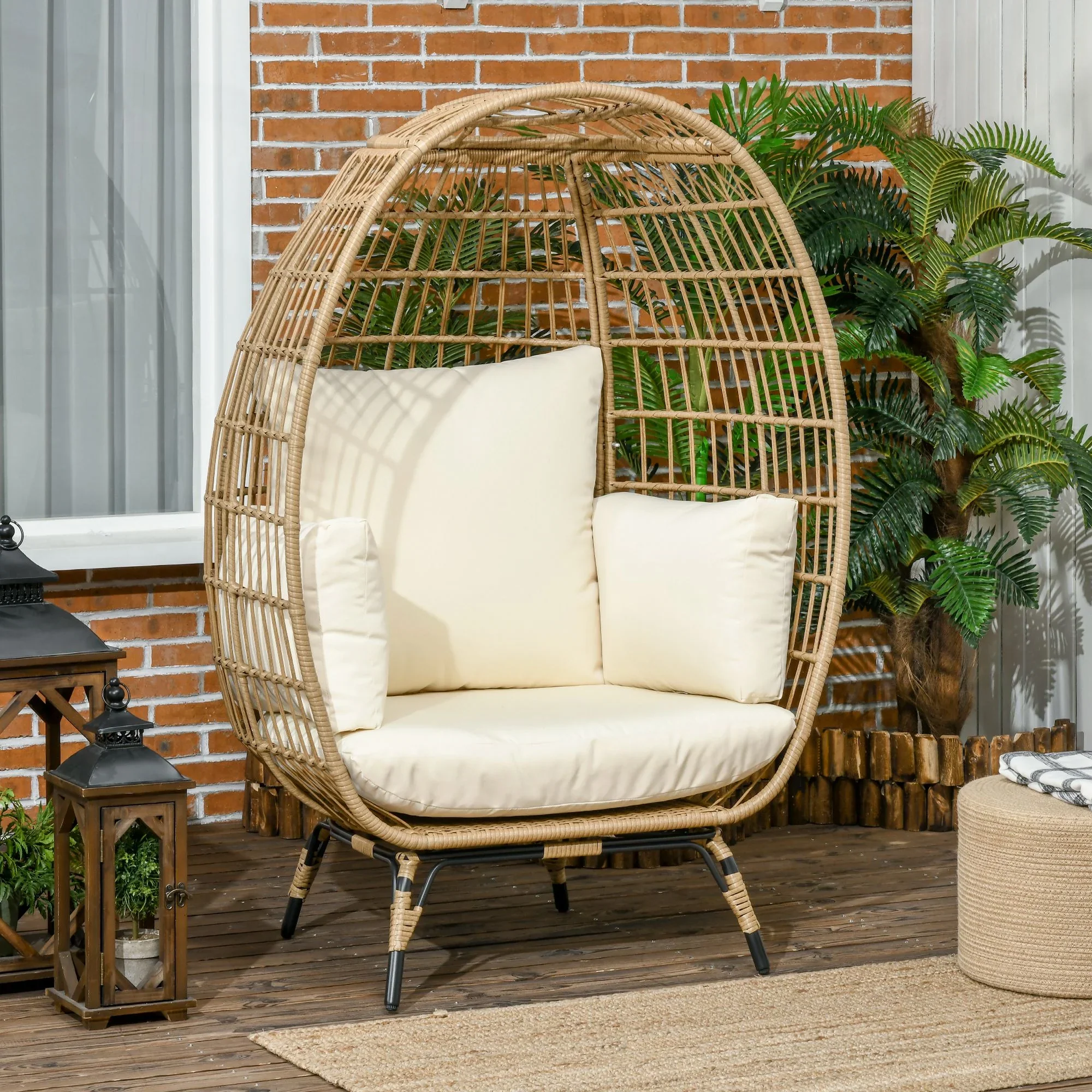 Outsunny Rotan fauteuil in mandvorm met dikke kussens en verstelbare poten