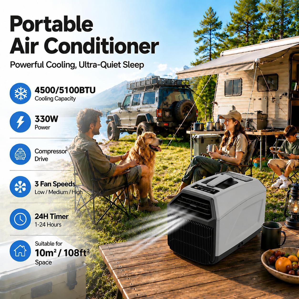 Aire Acondicionado Silencioso, Climatizador Portátil - 4500/5100 BTU Doble Tubo, 330W Bajo Consumo para Camper, Tienda, Furgoneta 4500BTU/AC