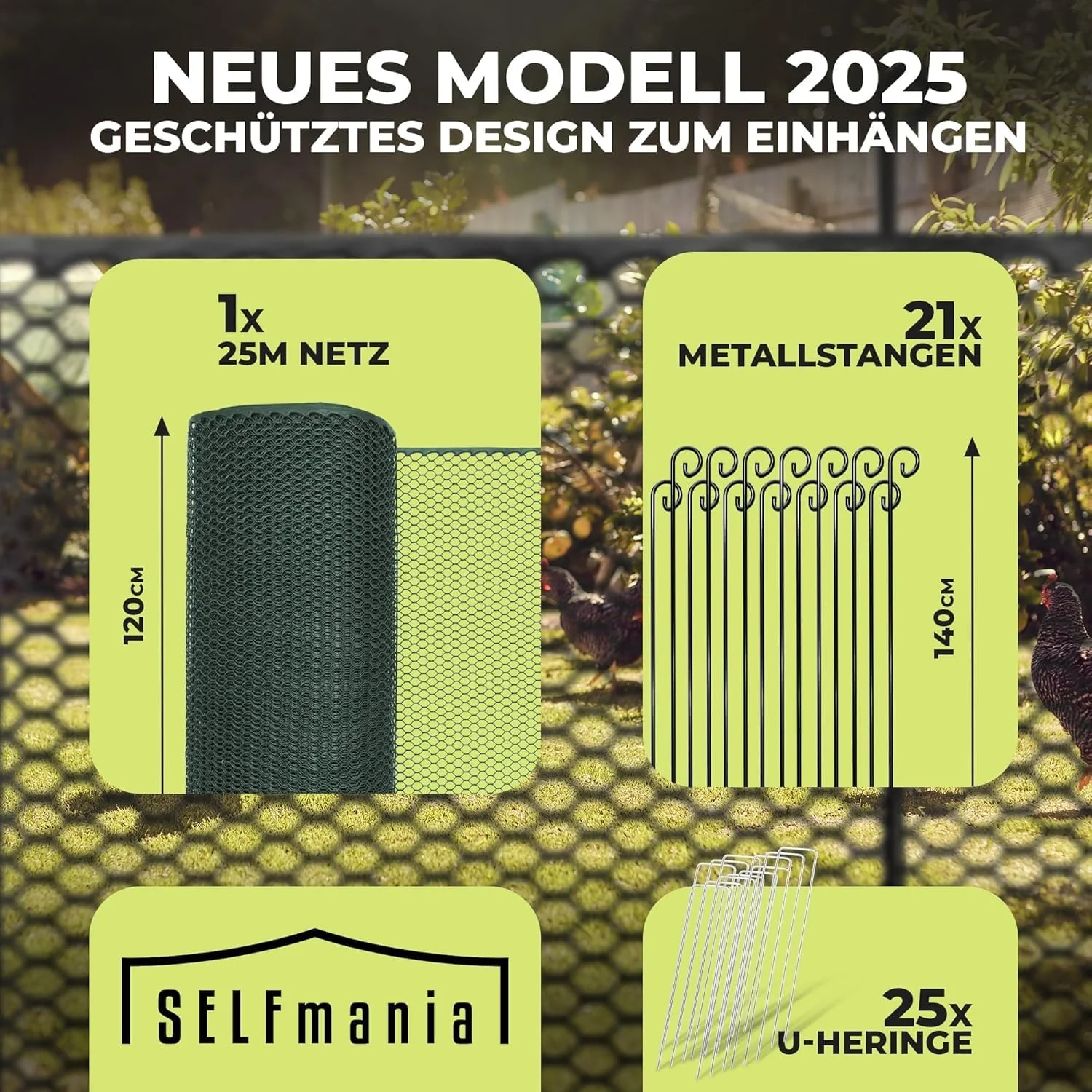 SELFmania kippenhek 25m lang | FIJNMAZIG STABIEL UV-BESCHERMING 120 cm hoog | Uitloopren kippen met 21 bevestigingspalen + 25 U-haringen | Hondenhek | Kleine dieren | Pluimveehek | Kippenaccessoires