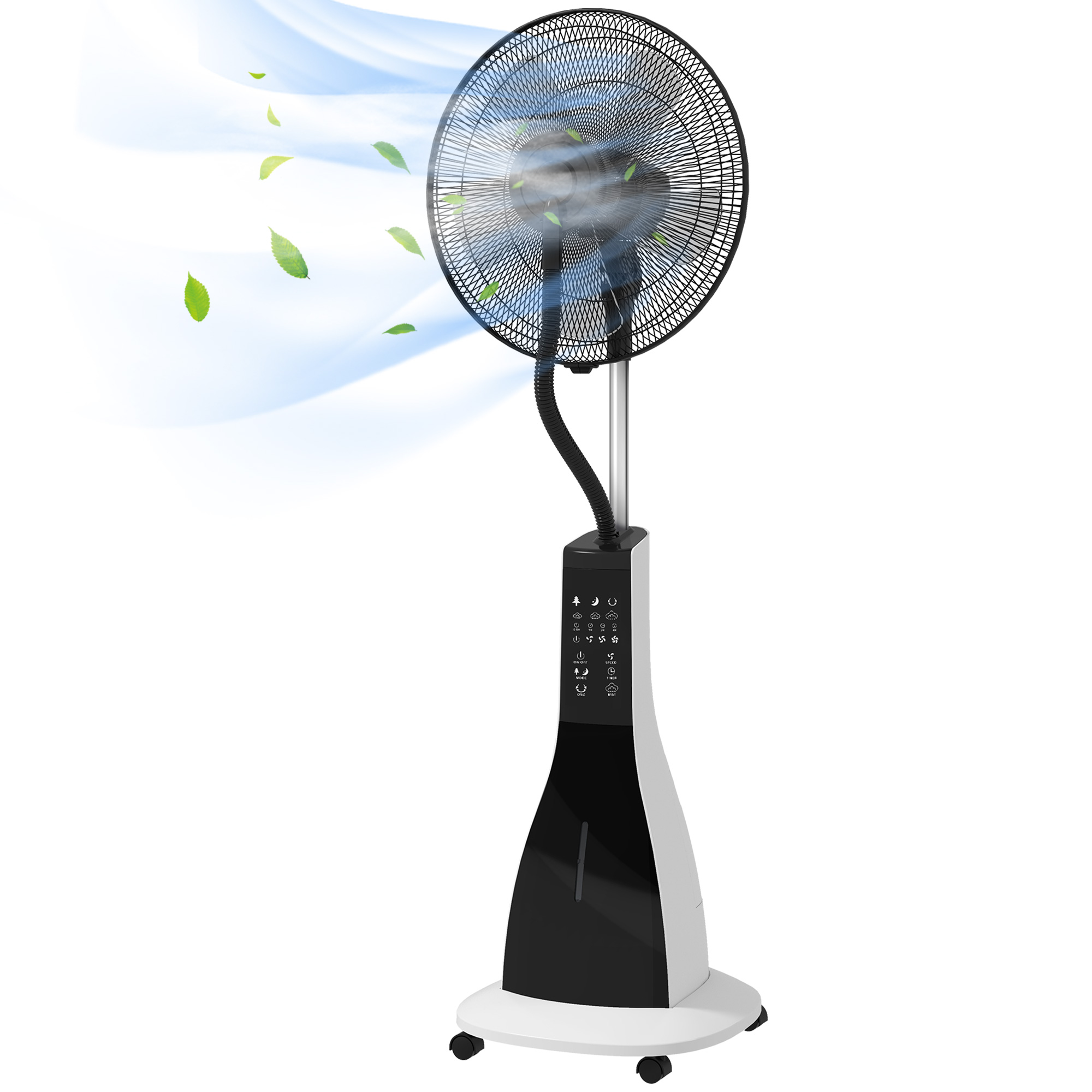 Ventilator met Luchtbevochtiging, stil, mobiel, afstandsbediening, Zwart/Wit