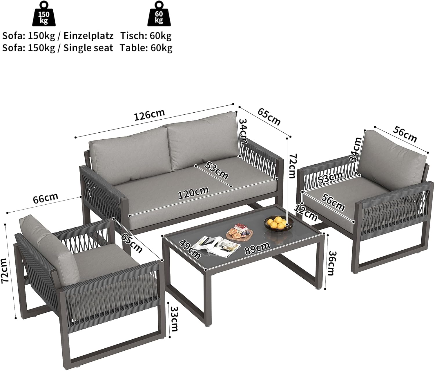 Merax Garten-Lounge-Set 4 Sitz – Seilgeflecht Sitzgruppe mit verzinktem Eisenrahmen, wetterfest, Loungesessel mit Sitz- & Rückenkissen, verstellbaren Füßen, Couchtisch mit Glasplatte, Grau