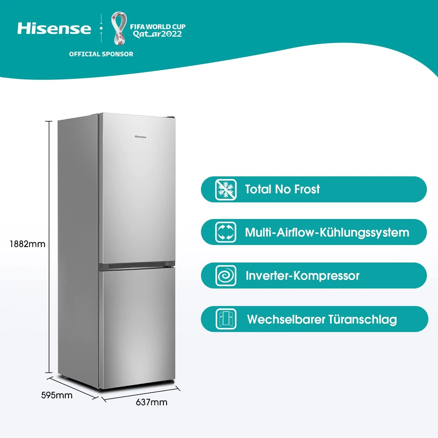 Hisense RB327N4ADD Koelvriescombinatie, EEK D, Total NoFrost, Verwisselbare Deurscharnieren, Flessenrek, 171 Liter Koelgedeelte, 85 Liter Vriesgedeelte, Roestvrijstalen look