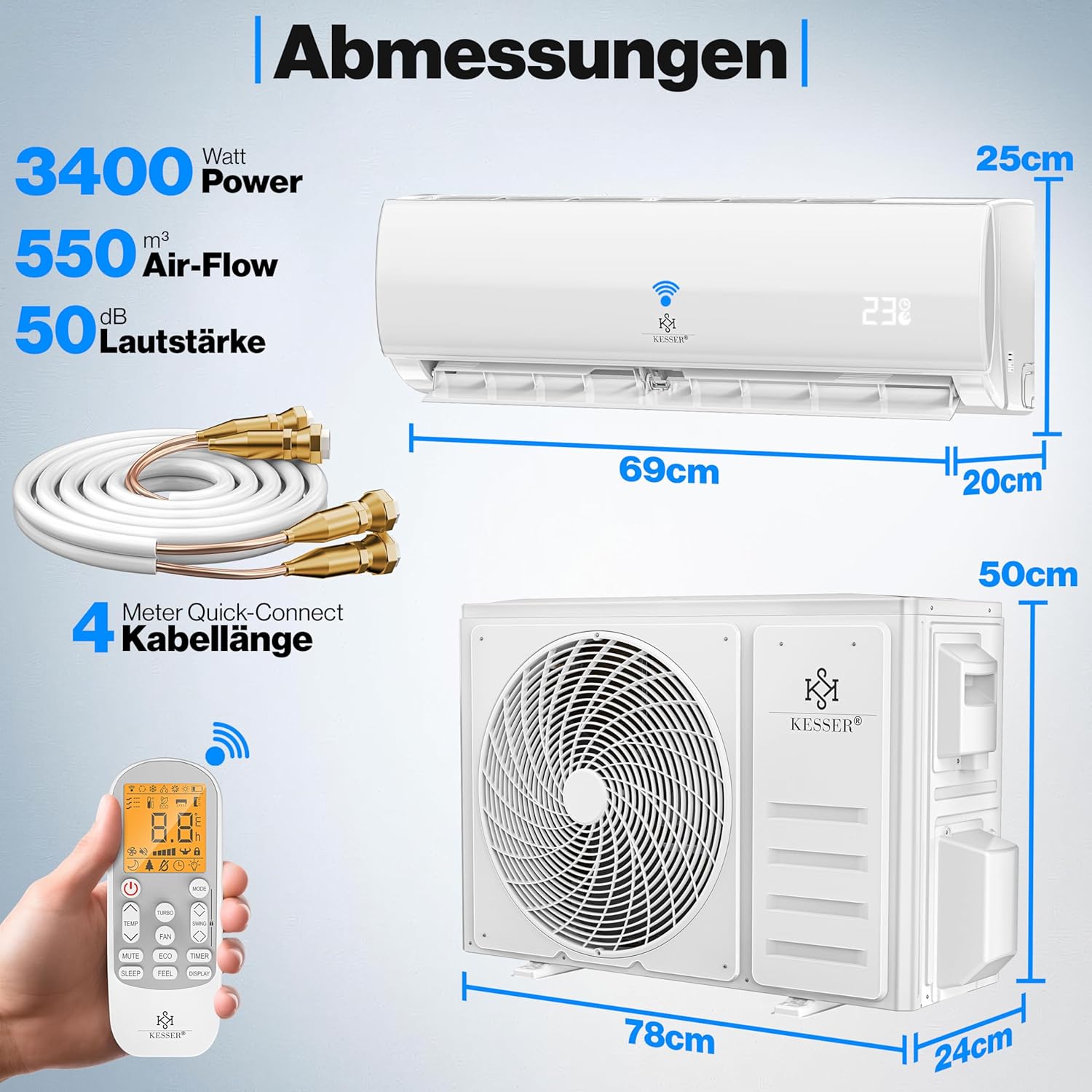 KESSER® Split Klimaanlage Set Quick Connect 12000 BTU 3,4 kW – WiFi & App Klimagerät mit Heizfunktion & Kühlmodus Wandklimaanlage, mit Kupferleitung Kältemittel R32 Inkl. Montagematerial
