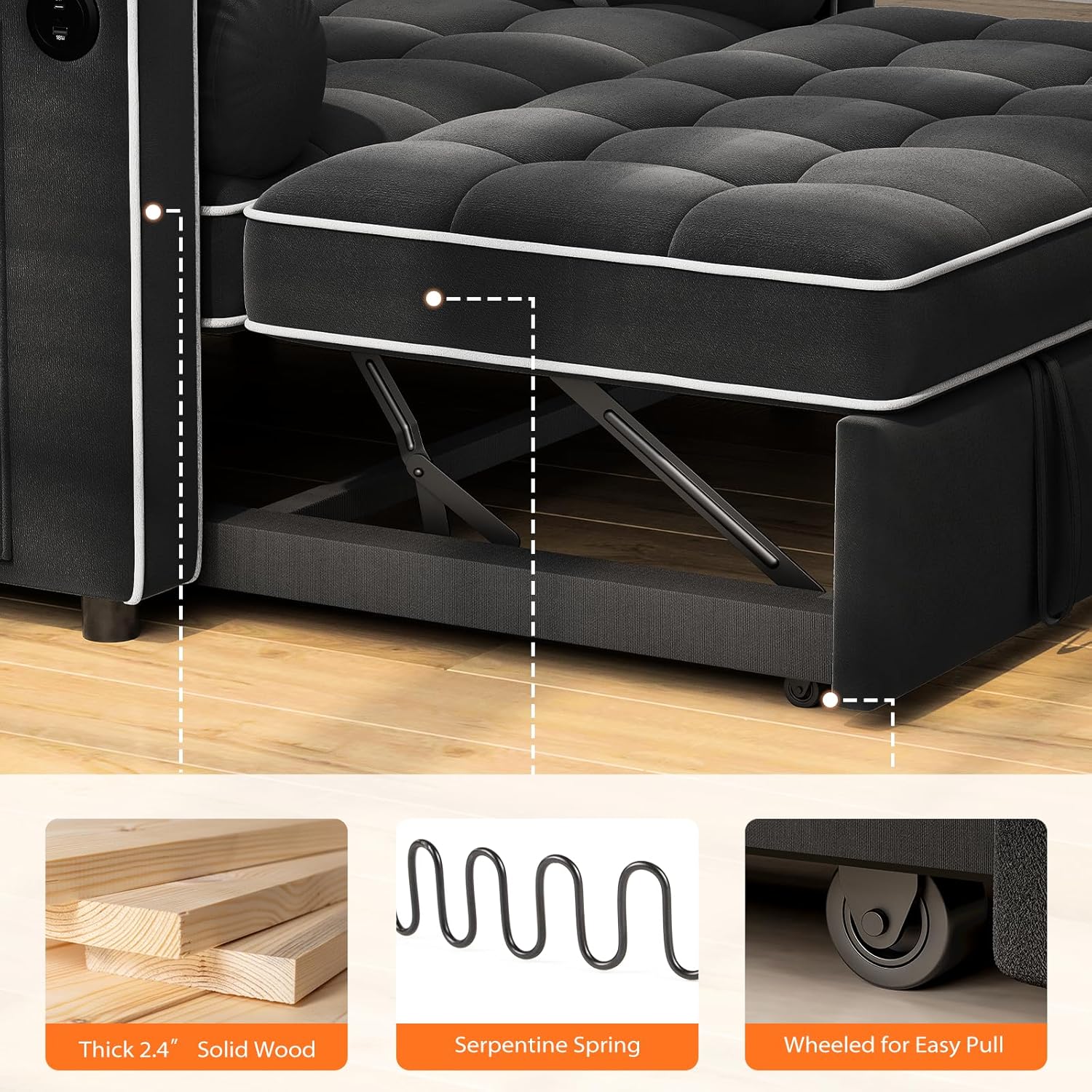 Pipishell 3 in 1 Convertible Sleeper Sofa Bed.Pull Out Couch for Living Room with USB Ports & Side Pockets.Adjustable Backrest.Velvet.Loveseat Sofa Bed.Futon Couches.Black