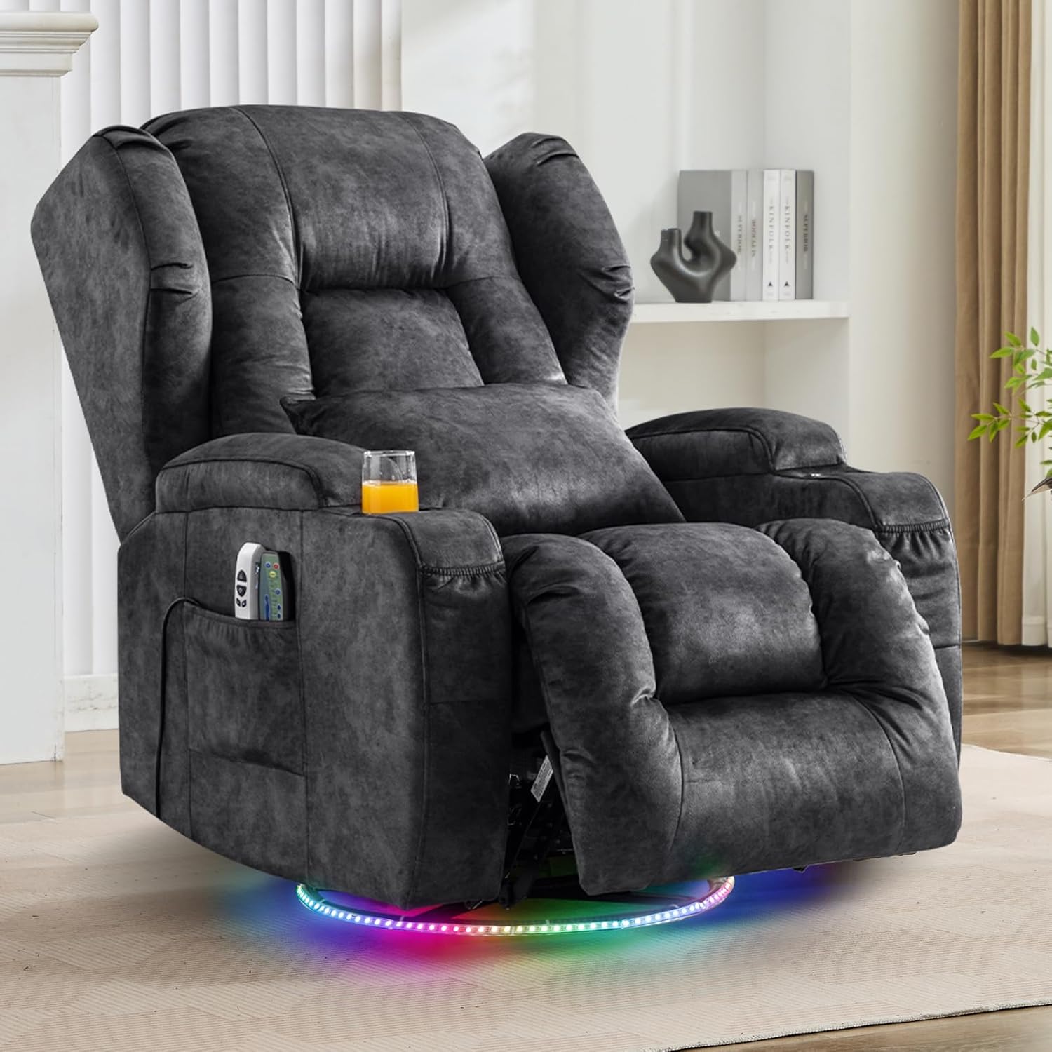 Elektrischer Fernsehsessel Relaxsessel mit Liegefunktion,240°Drehsessel Kinosessel Massagesessel mit Wärmefunktion,TV Sessel Liegesessel fürs Wohnzimmer bis 150kg (Samtstoff, Grau)