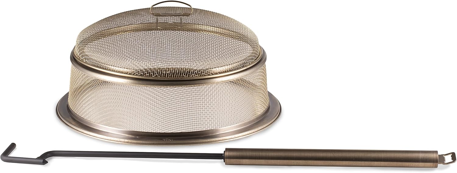 TIKI Patio & Celebration Fire Pit Screen & Poker Set �C Outdoor Fire Pit Spark Protector & Ember Guard �C Fire Poker Tool for Safe & Controlled Fires �C Durable Metal Fire Pit Accessories in Gold & Black
