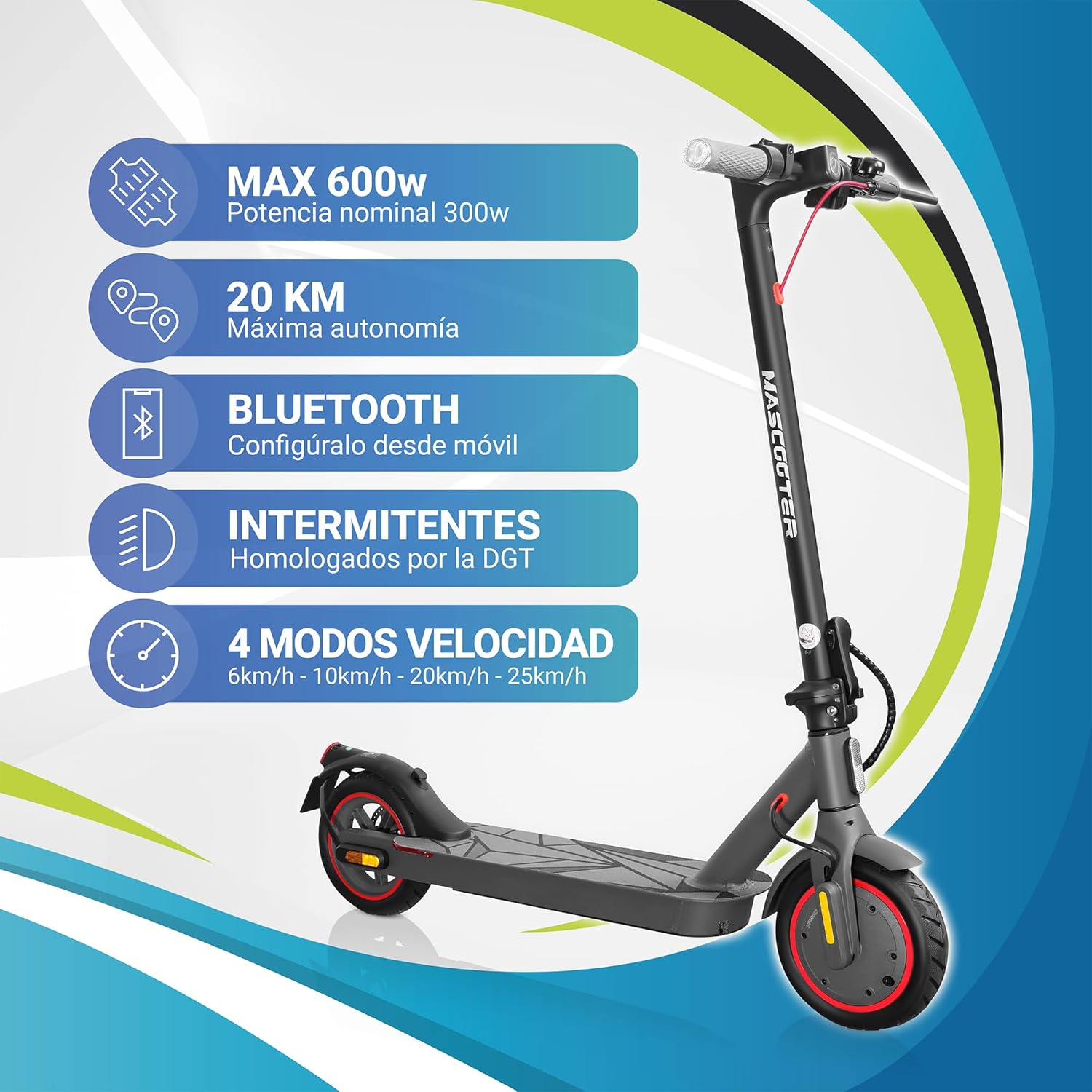 Patinete Eléctrico Adultos Homologado DGT - Intermitentes & Regeneración de Batería al Frenar - 300W-600W MAX, 20km Autonomía - Frenos Eléctricos y de Disco AER - App Móvil