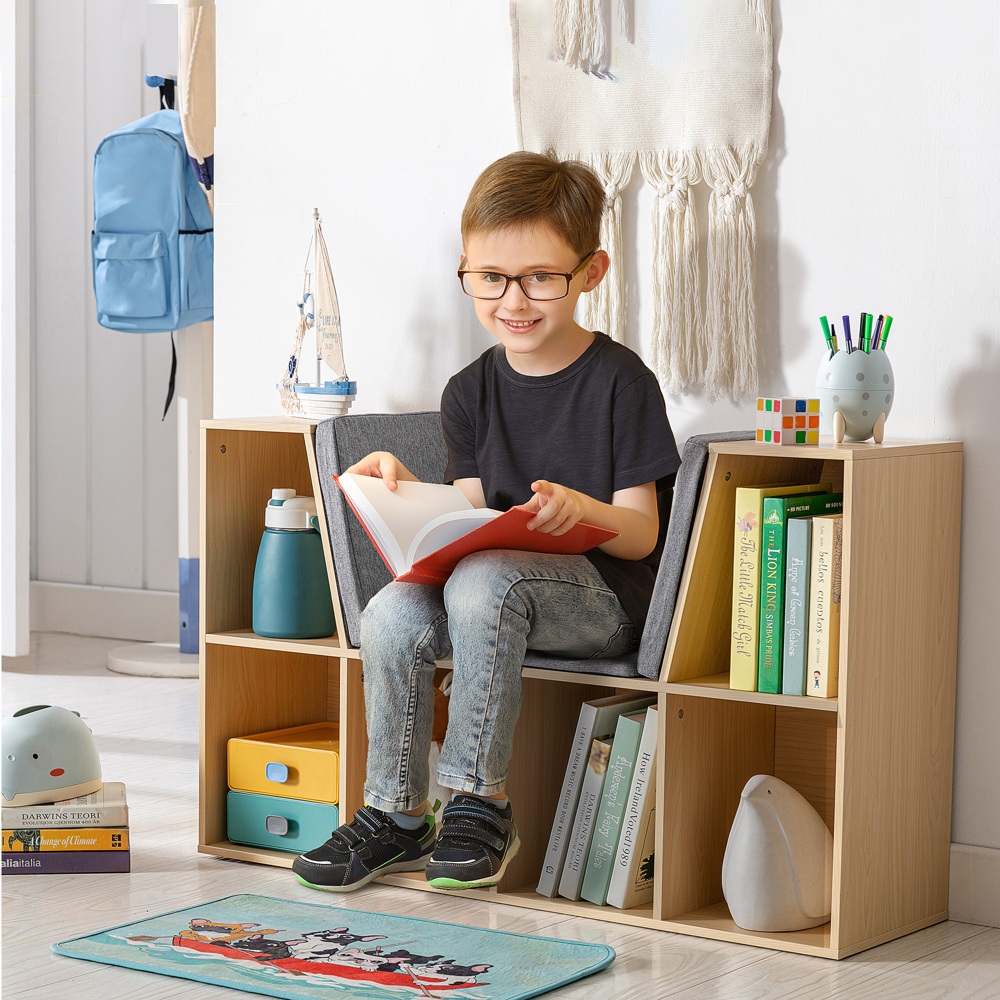 2-in-1 Kinderrek + Speelbank incl. Kussens 103 cm �� 30?cm �� 62 cm Grijs + Naturel