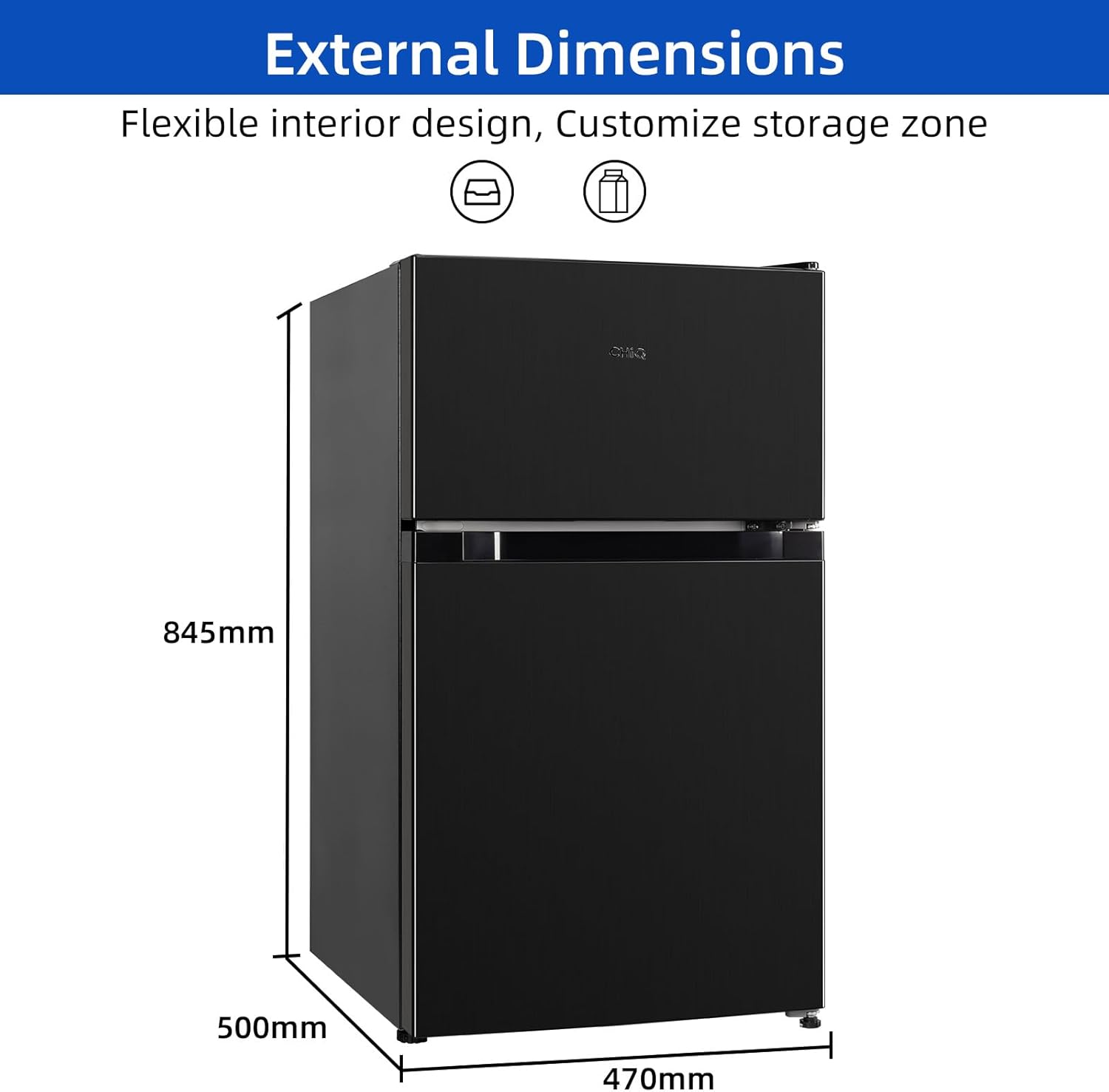 CHIQ CTT107BC Kühlschrank Klein 107 Liter, Höhe 84cm, Tiefe 55cm, Platzbedarf nur 0,3 ㎡, Mikro-Gefrierfach, Vario Box, 7 Temperaturregelstufen, geräuscharm, 87 kWh/Jahr, Schwarz
