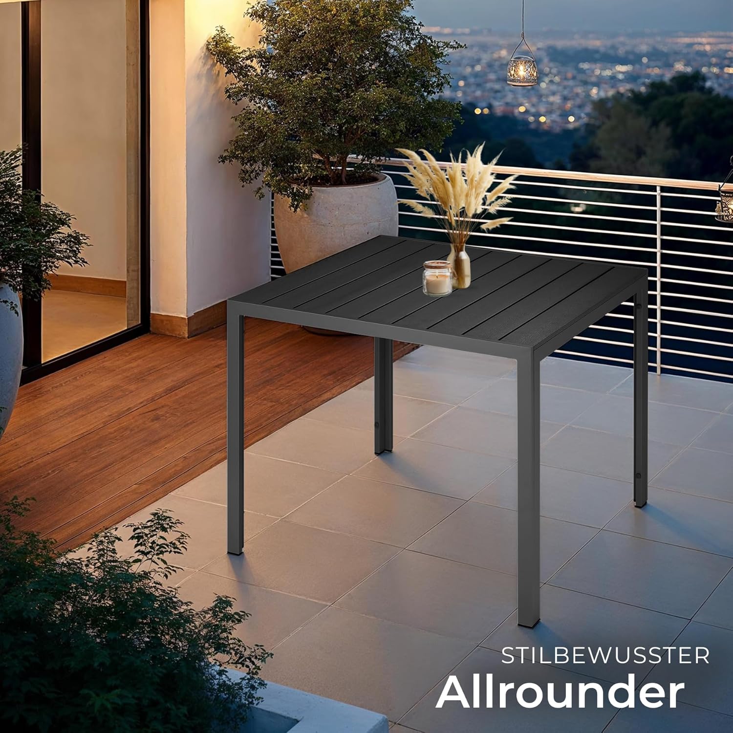 tectake® Gartentisch, Outdoor Esstisch, Balkontisch in Holz Optik, Terrassentisch mit Aluminiumrahmen, Gartenmöbel wetterfest, 90x90x74,5cm, Tisch für Garten, Lounge, Sitzgruppe - schwarz