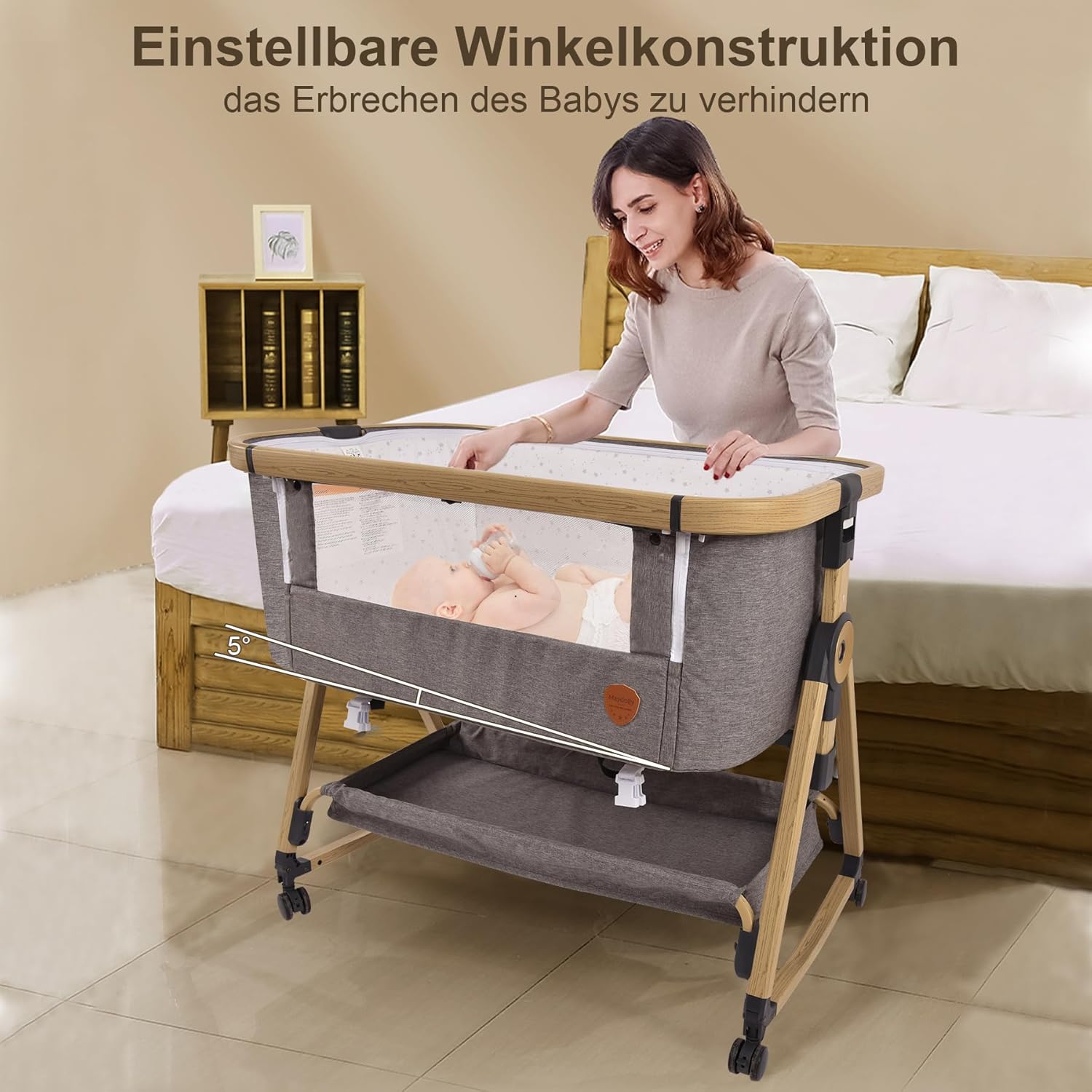 Maydolly Beistellbett 3 in1 Babybetten Tragbar Babybett mit atmungsaktivem Netz und Laken, Verstellbarer Stubenwagen Beistellbett Grau