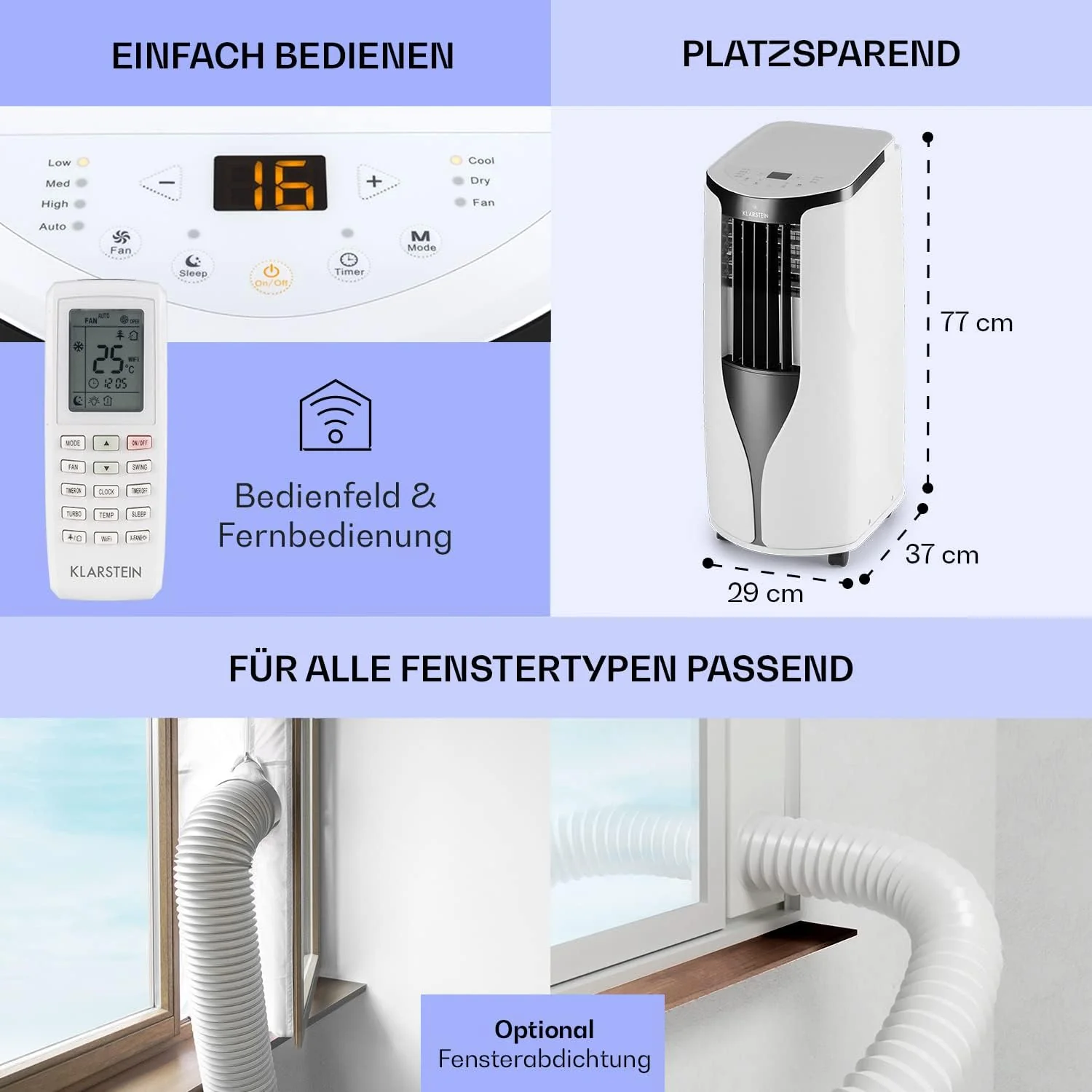 Klarstein Mobiele Airconditioner met Afvoerslang, 3-in-1 Airco met Ventilator & Luchtontvochtiger, Kleine & Draagbare Airco voor Thuis & op Kantoor, 10000 BTU AC met Laag Verbruik