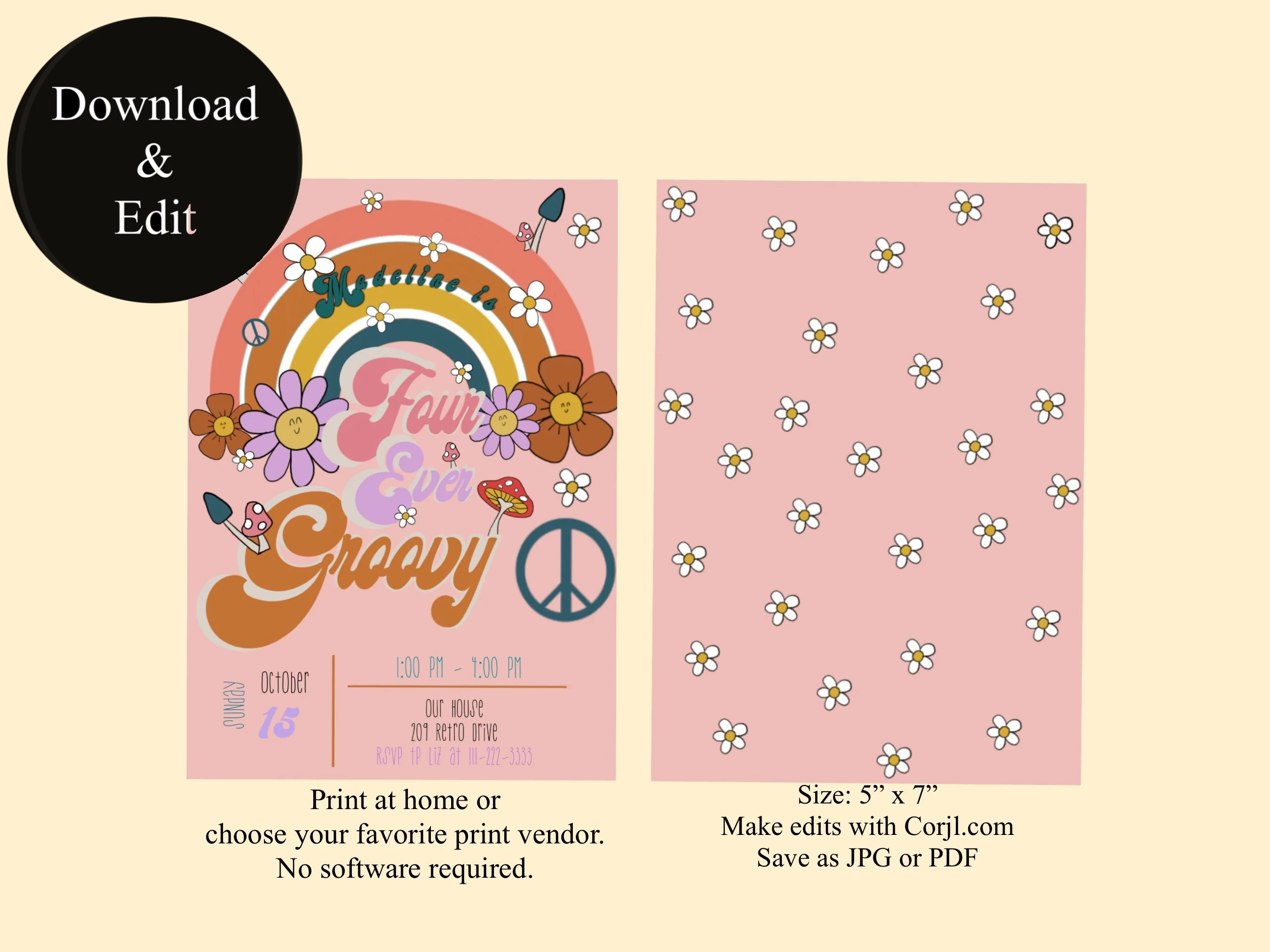 Four Ever Groovy birthday invitation template | Four ever groovy Birthday Digital Invitation Template | Retro Theme