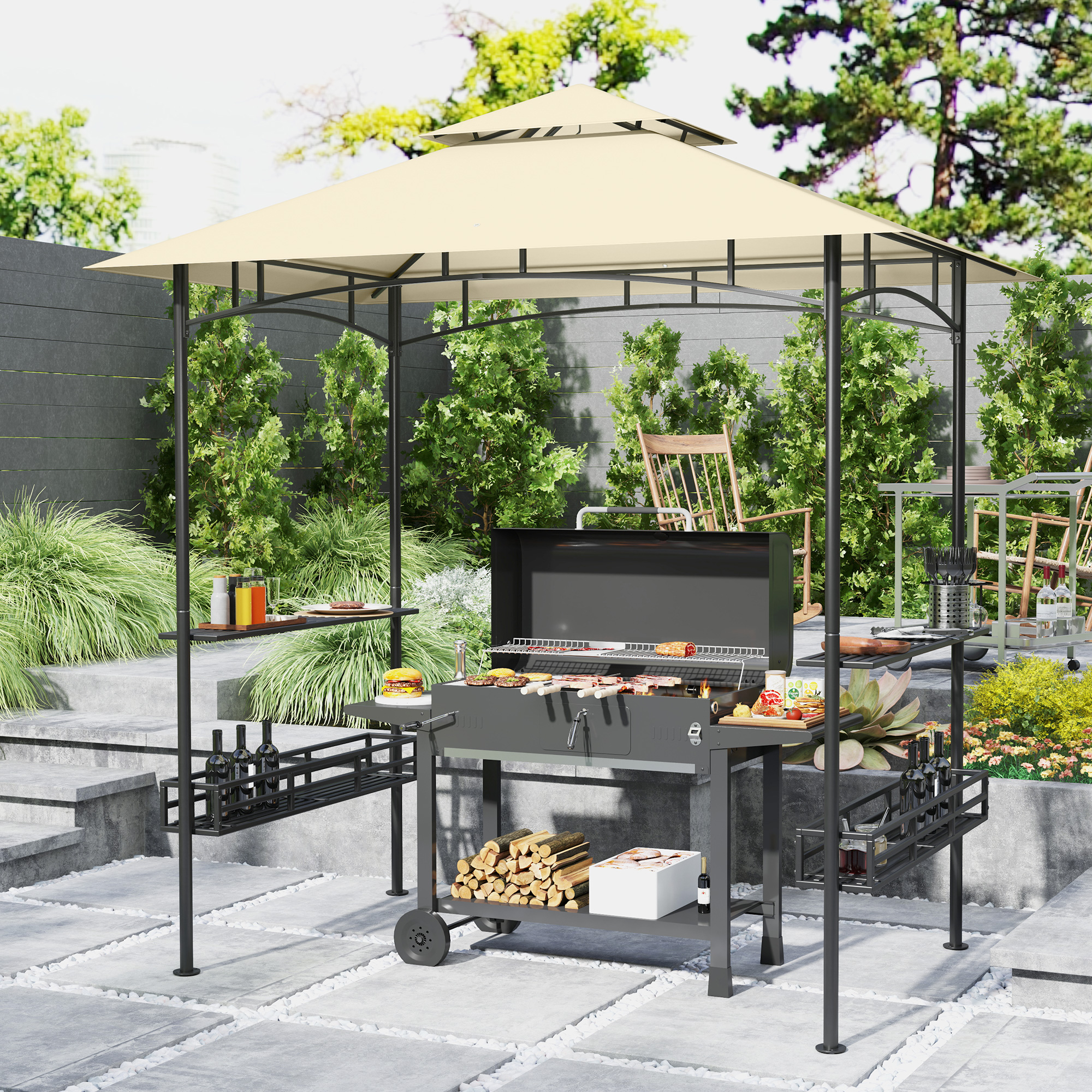 BBQ-Tent, Grill-Tent, Tuinpaviljoen met 2 Planken, Opbergmanden, Haken, voor Terras, Beige